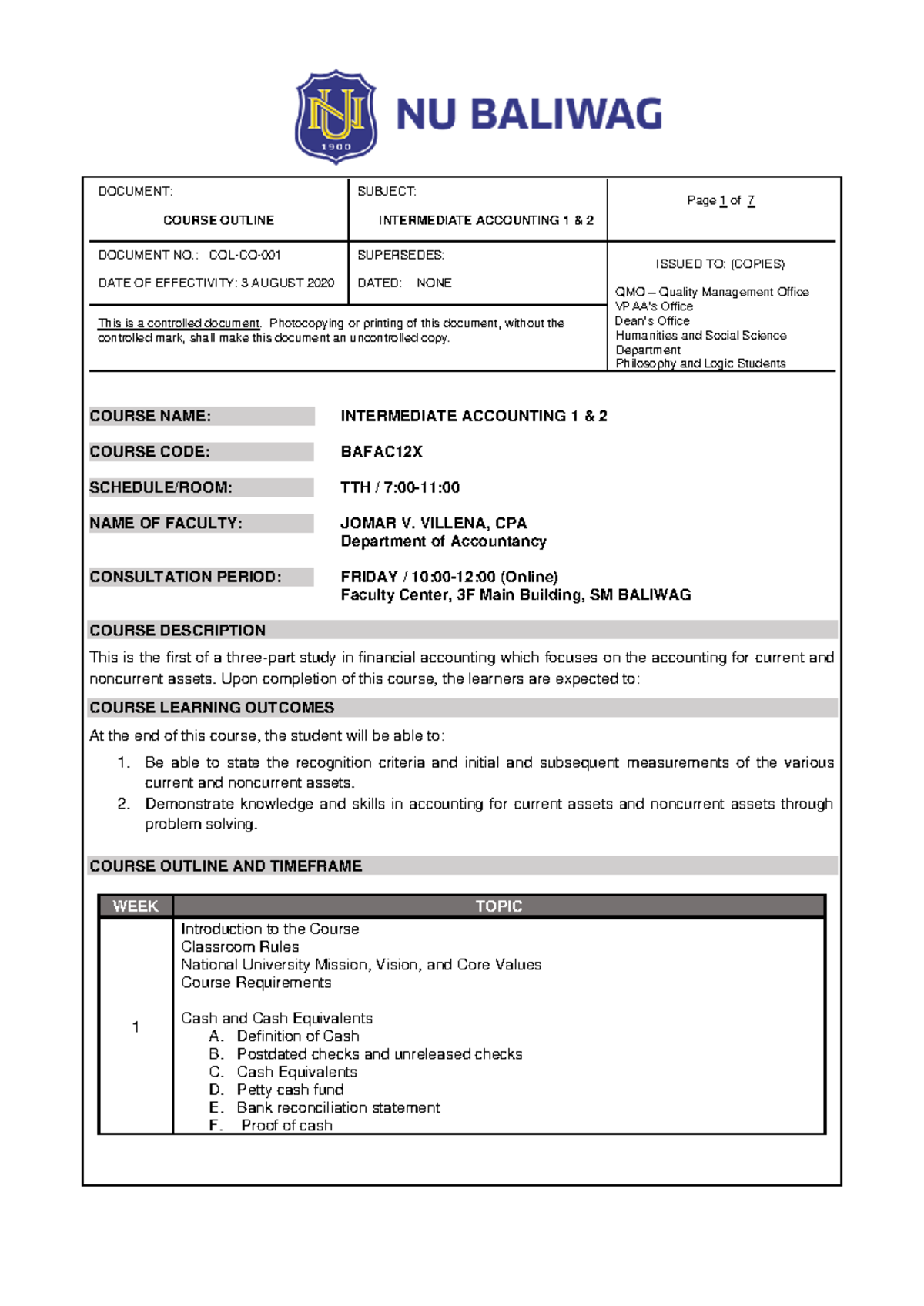Intermediate Accounting 1 & 2 Course Outline - BAFAC12X - Studocu