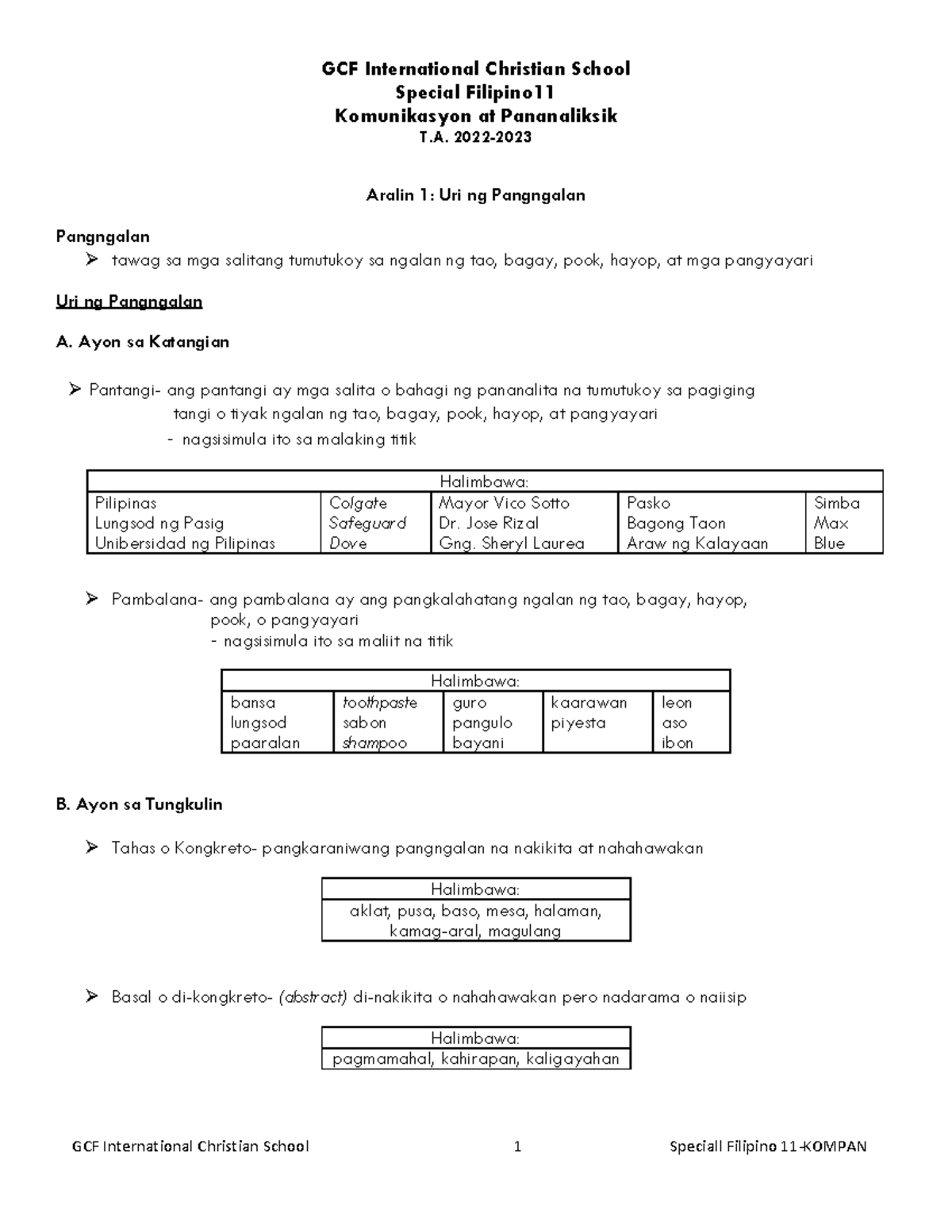 Kompan - Special Filipino Lesson Handouts - Aralin sa Pangngalan - Document Preview