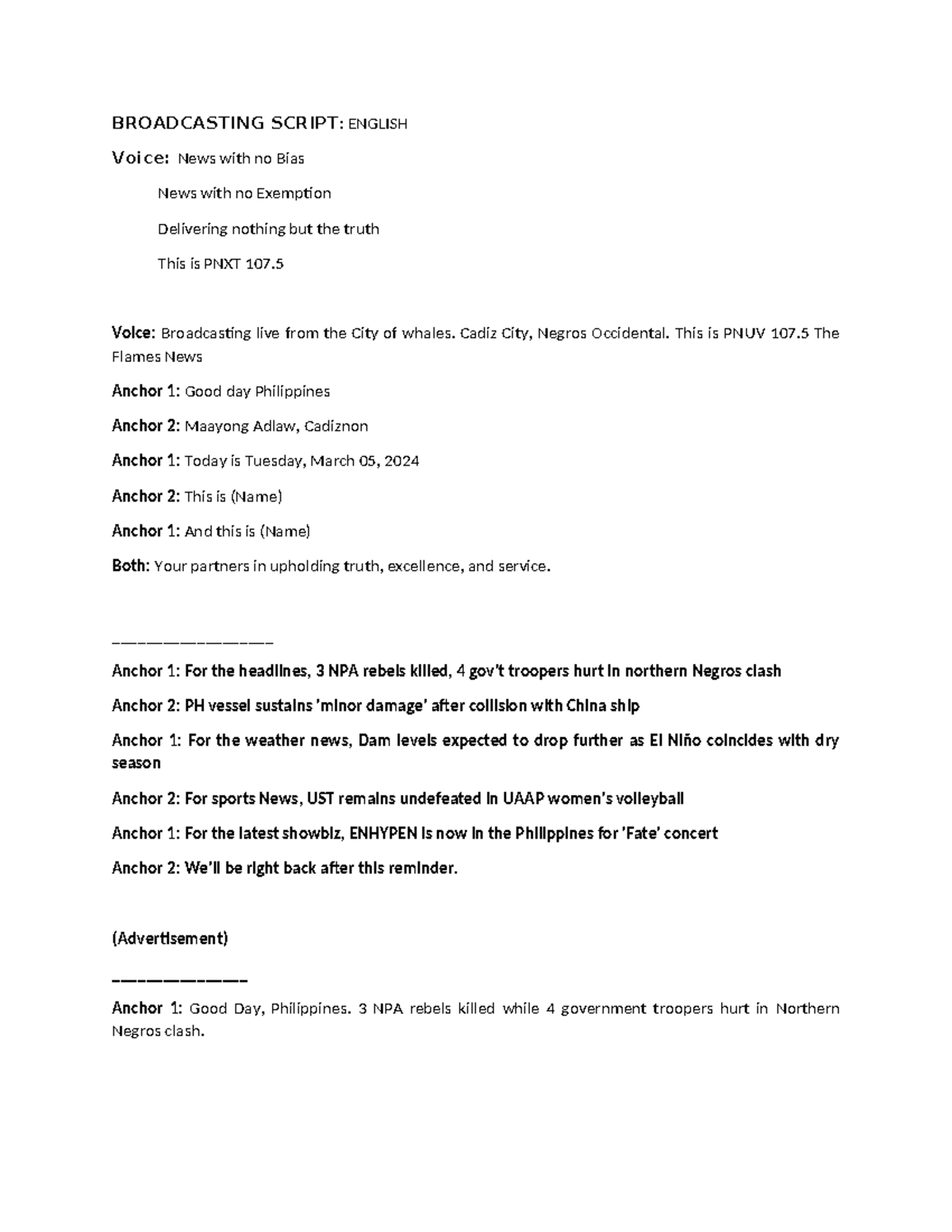 Broadcasting Script for News: PNXT 107 & PNUV 107.5 - Studocu