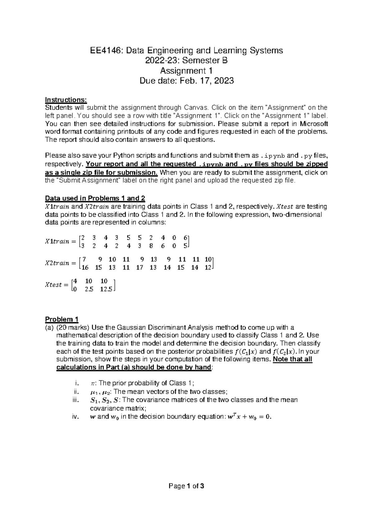 EE4146- Data Eng. & Learning Sys - Assignment 1 - Feb 2023 - Studocu