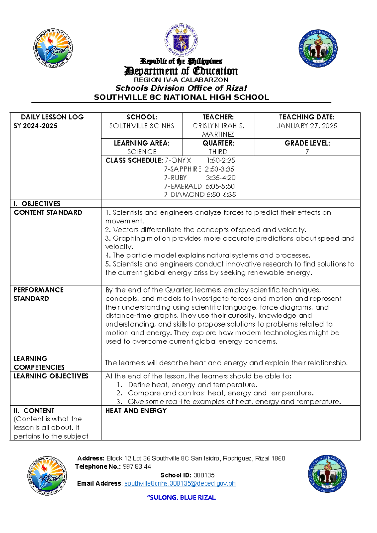 Q3 W7 - Heat and Energy Lesson Plan for Grade 7 Science - Studocu