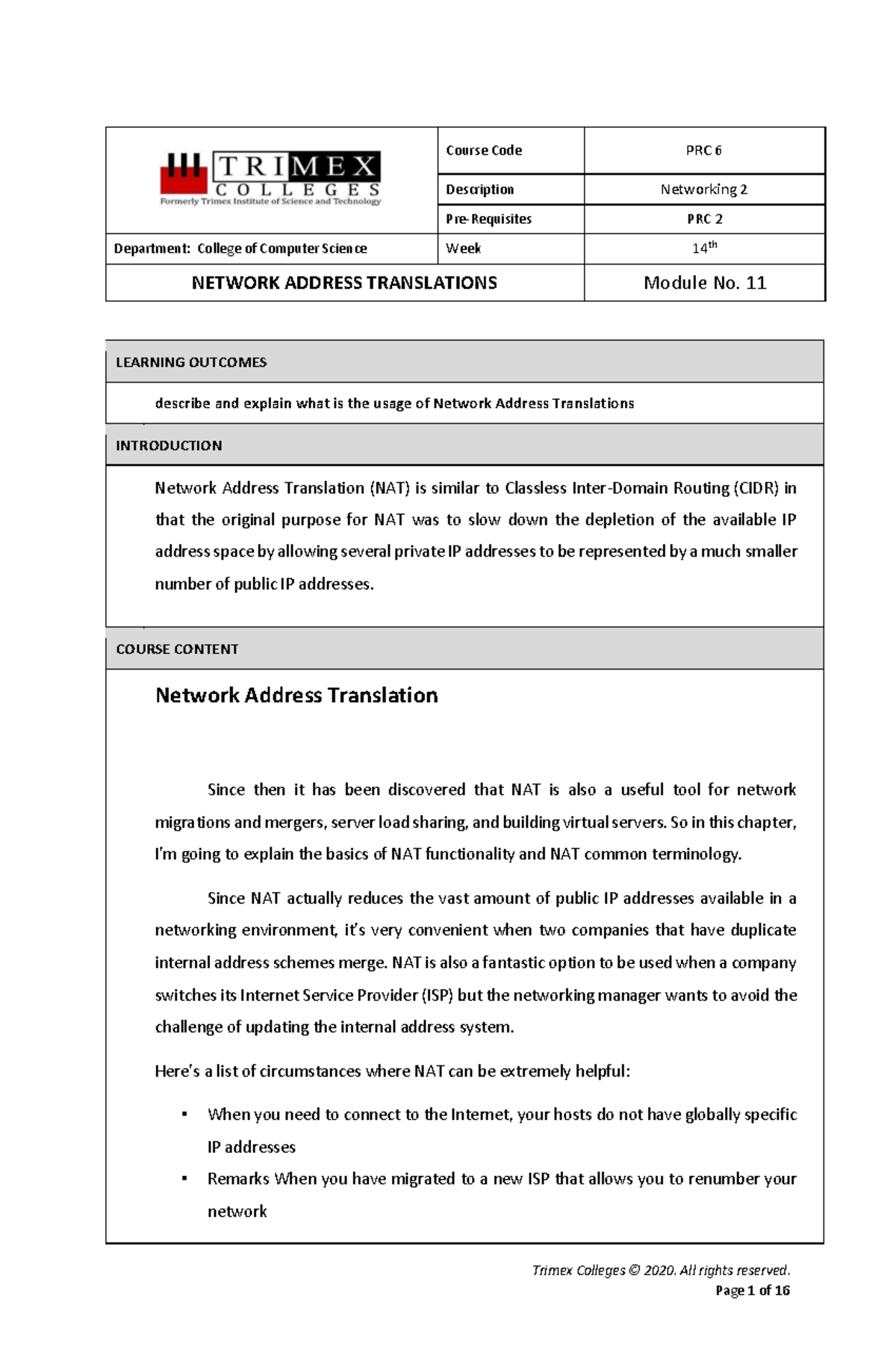 Week 14 - Networking 2 (PRC 6) Study Notes on Network Address ...