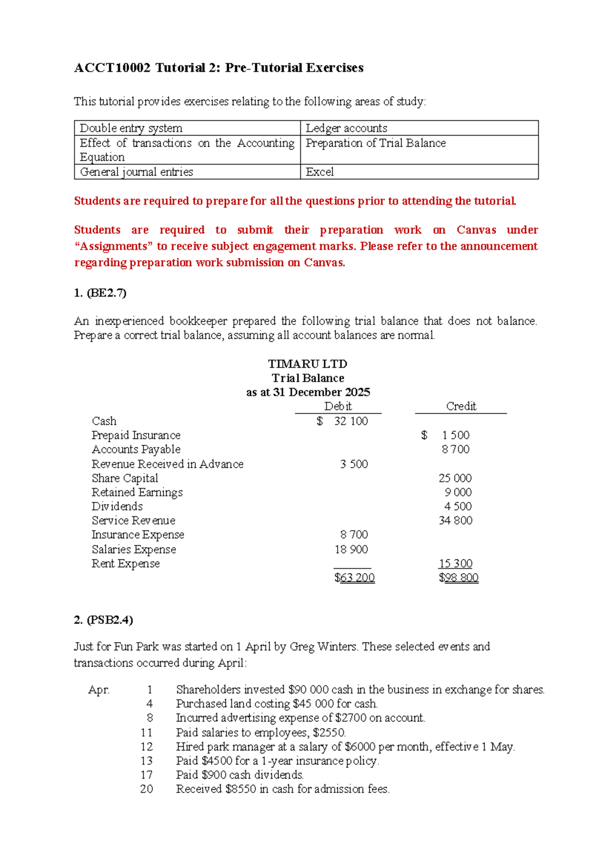 ACCT10002 Tutorial 2: Pre-Tutorial Exercises & Solutions - Studocu