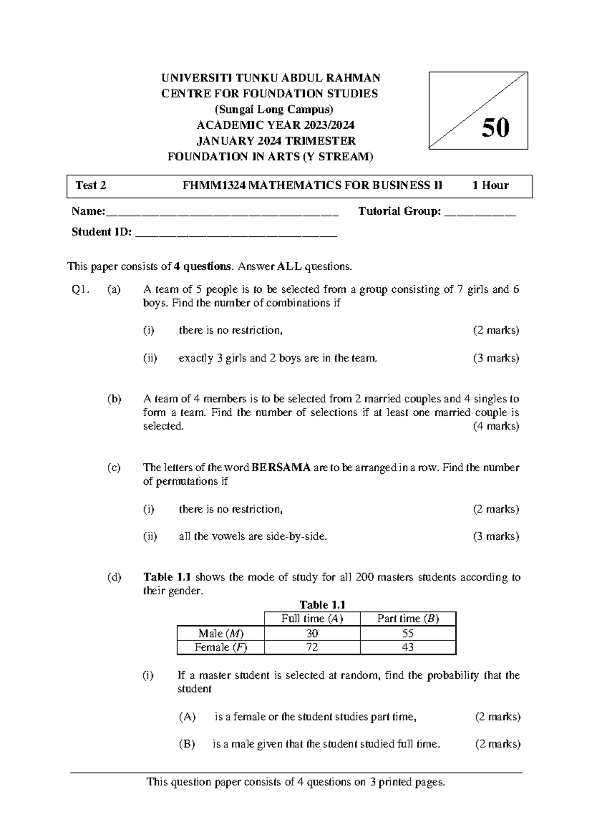 202401 MB2 Test 2 QP - Mathematics for Business II Question Paper - Studocu