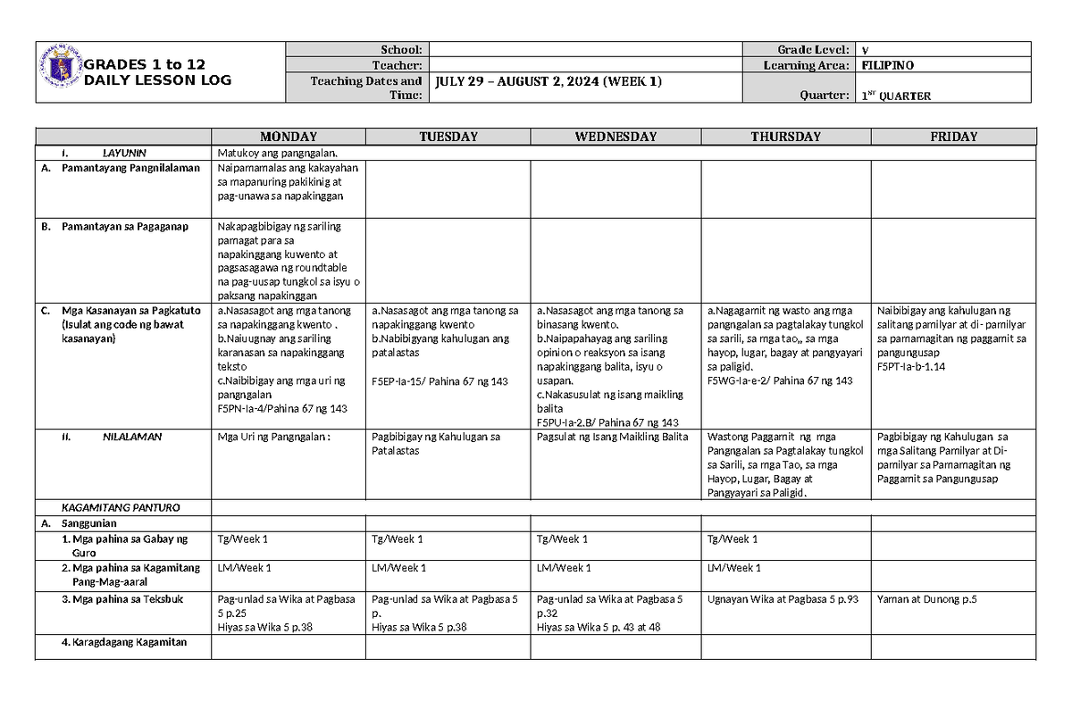 DLL Filipino 5 Q1 W1 - CG4 - GRADES 1 to 12 DAILY LESSON LOG School ...