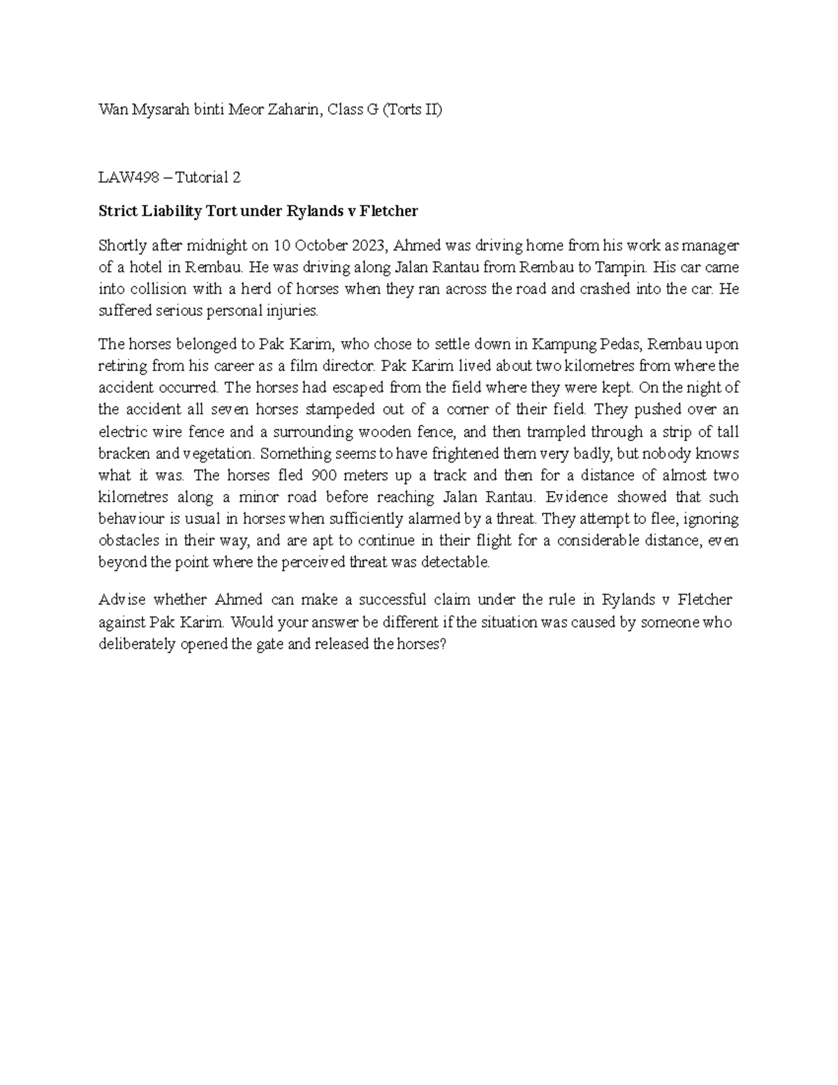 LAW498 – Tutorial 2: Strict Liability Tort under Rylands v Fletcher ...