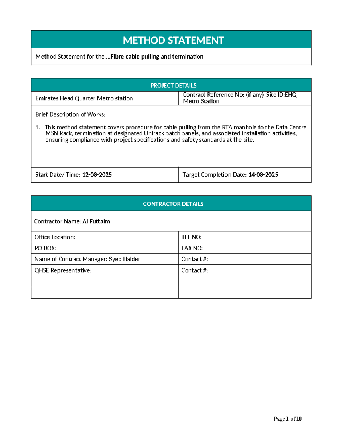 Method Statement for Cable Pulling & Termination - EHQ Metro Station ...