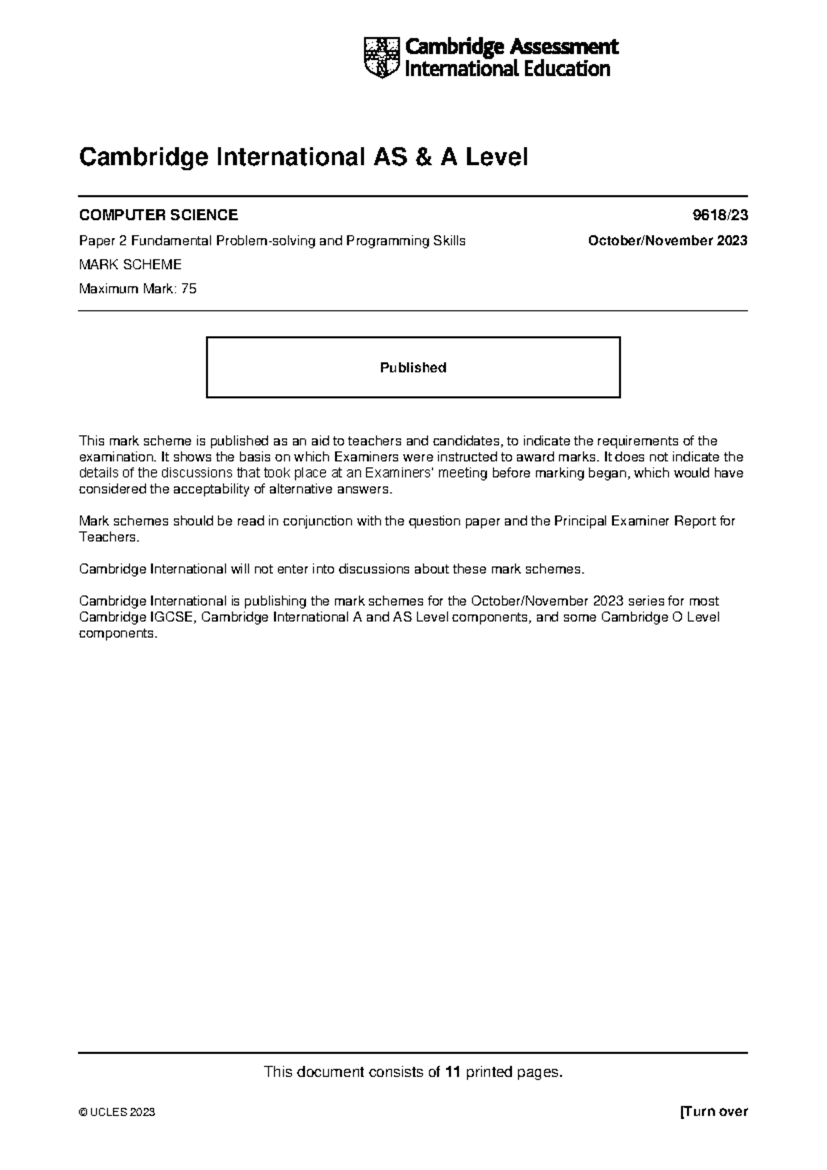 Cambridge International AS A Level Computer Science 9618 Paper 2 Mark ...