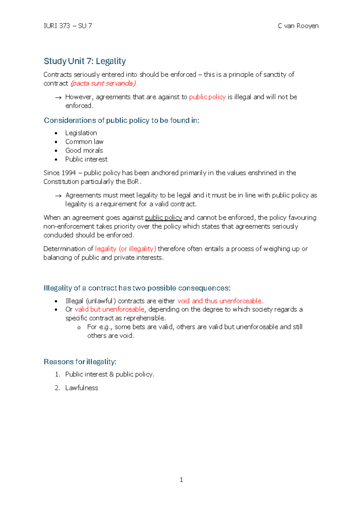 IURI 373 SU 7 C van Rooyen Study Unit 7: Legality of Contracts and ...