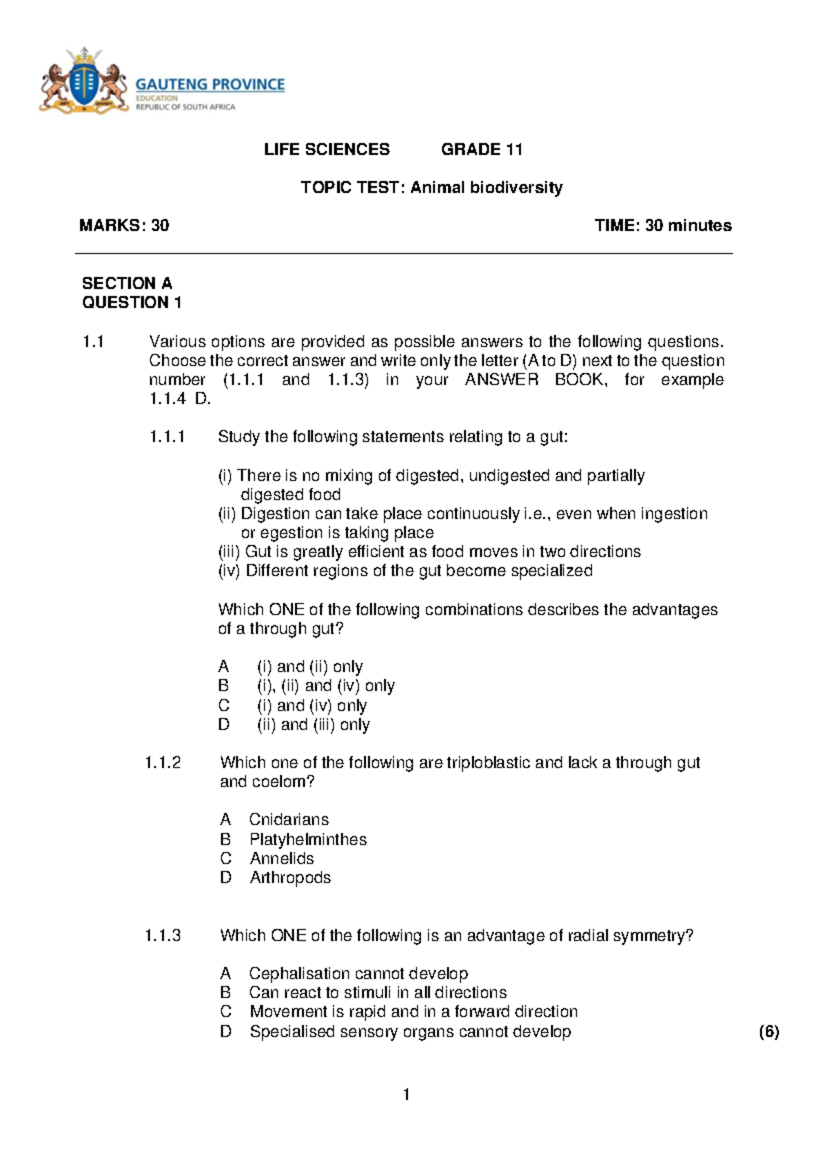 LIFE SCIENCES GRADE 11 TOPIC TEST: Animal Biodiversity Assessment - Studocu