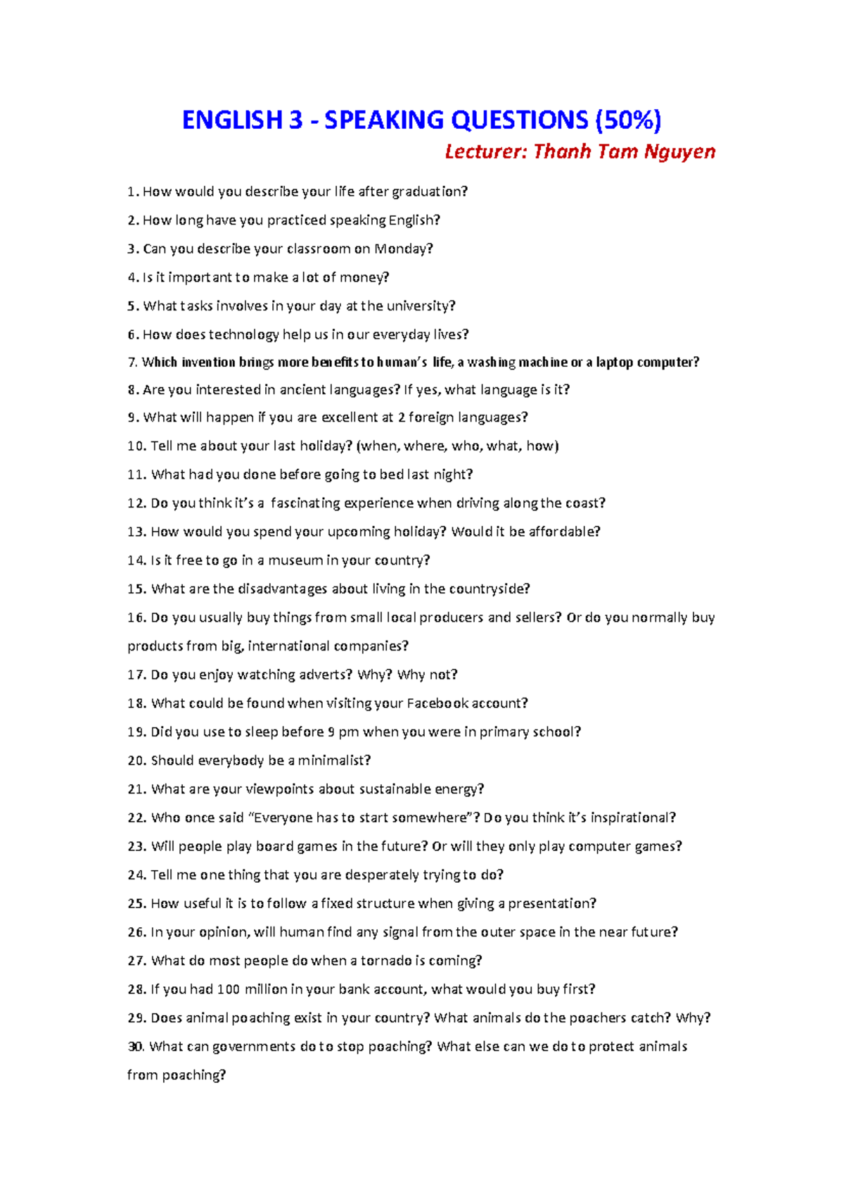ENGLISH 3 SPEAKING QUESTIONS - Comprehensive Guide - Studocu