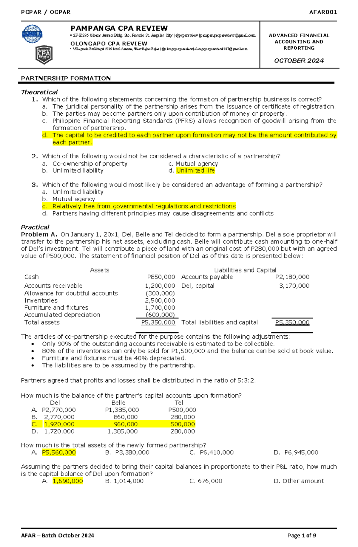 AFAR001 Partnership Formation and Liquidation Review Notes - October ...
