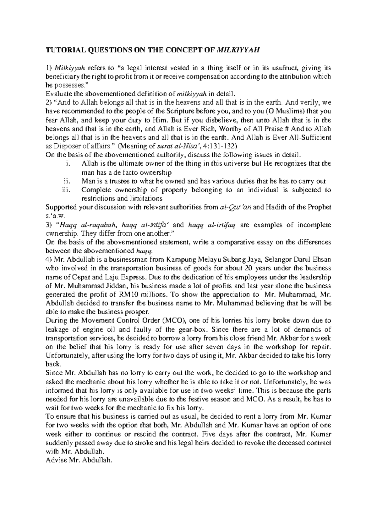Tutorial Questions ON THE Concept OF Milkiyyah - TUTORIAL QUESTIONS ON ...
