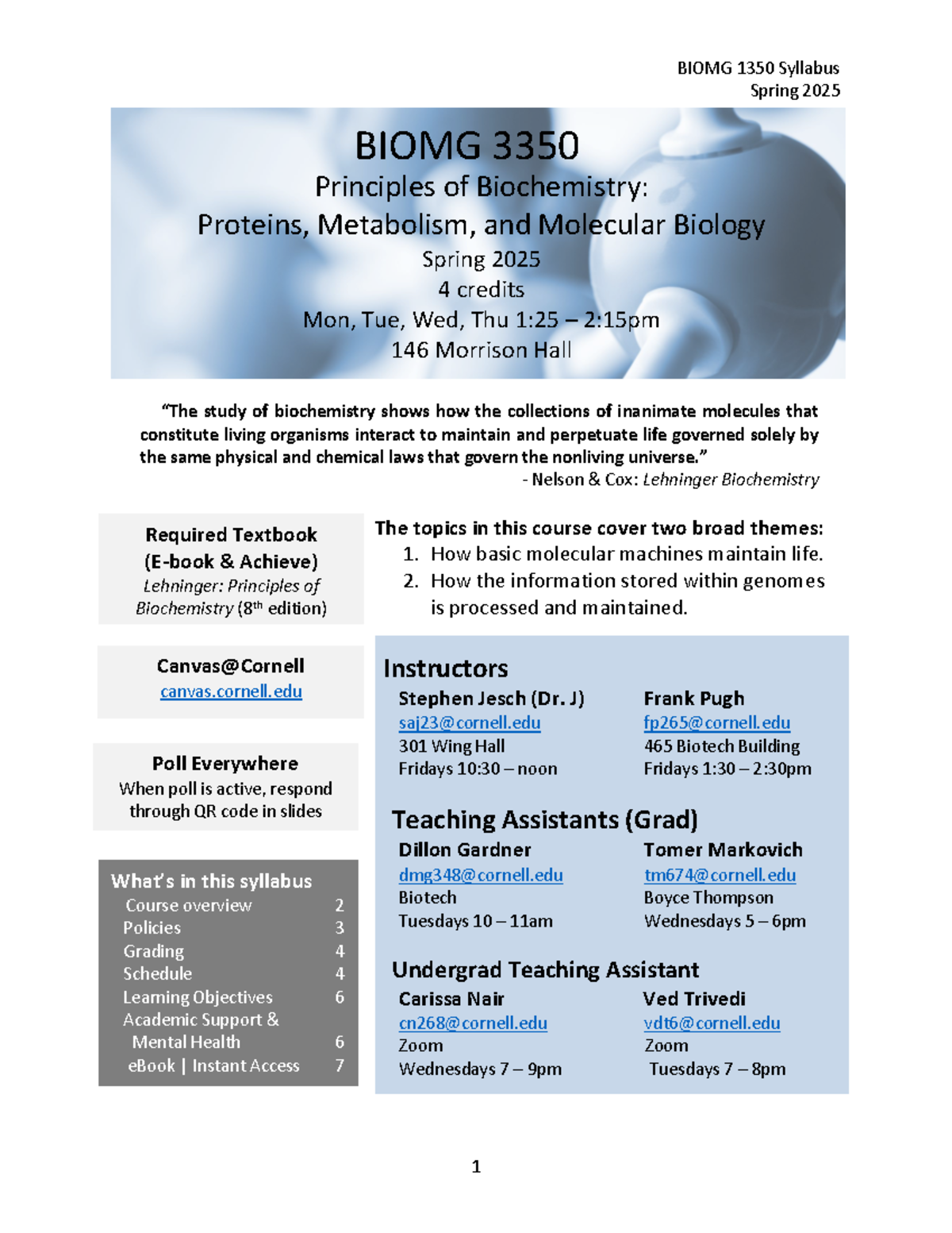 Syllabus for BIOMG 3350: Principles of Biochemistry - Spring 2025 - Studocu