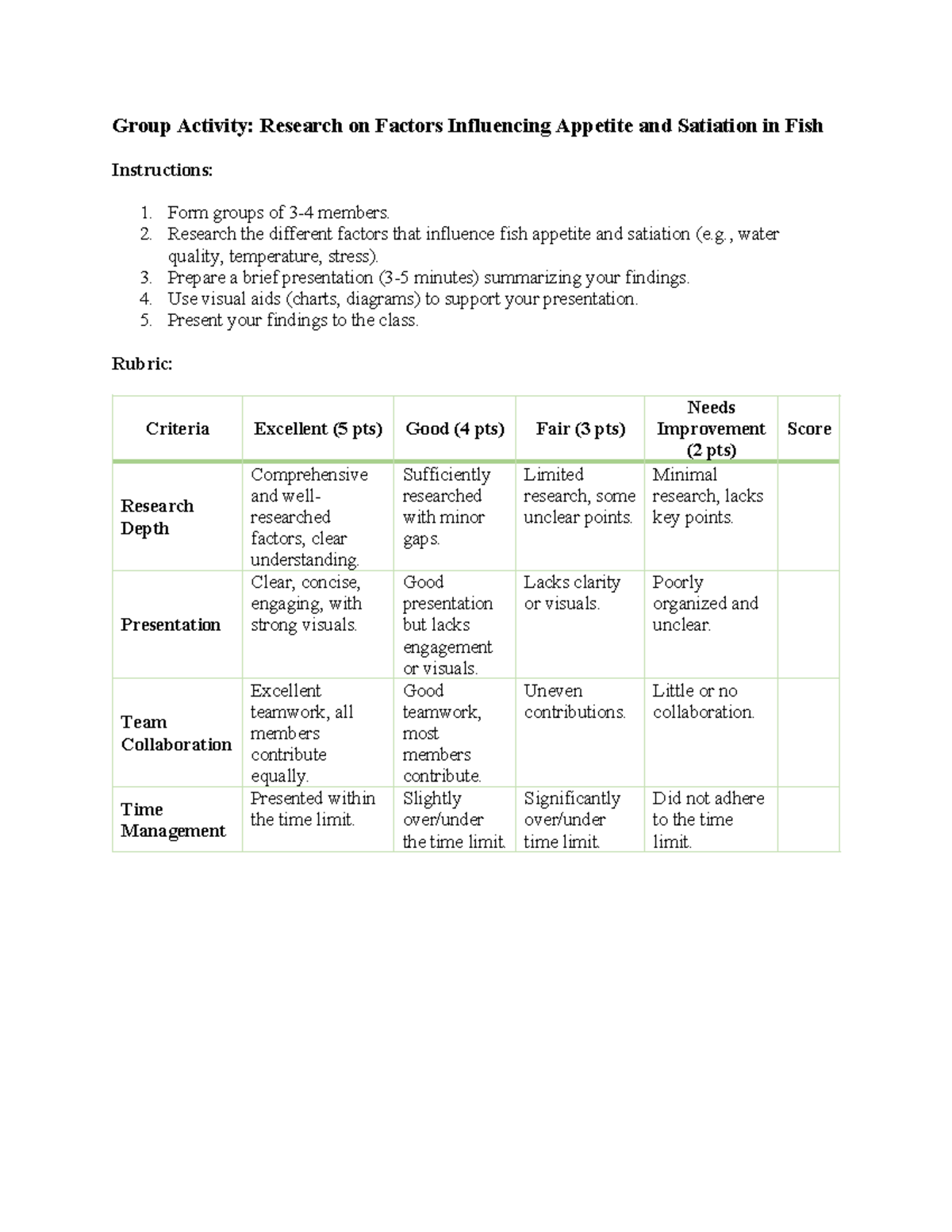 Activity FN Q2 W4: Factors Influencing Fish Appetite and Feeding ...