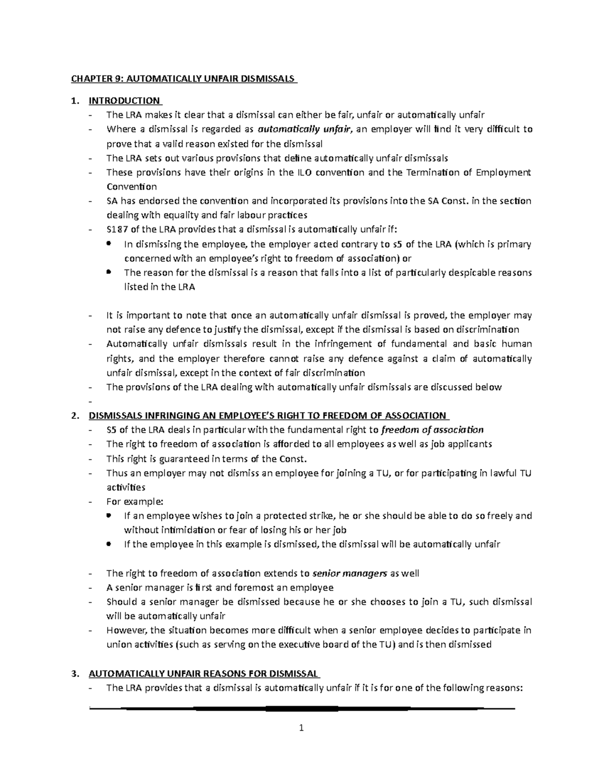 Chapter 9 - Automatically Unfair Dismissals Summary Notes - Studocu