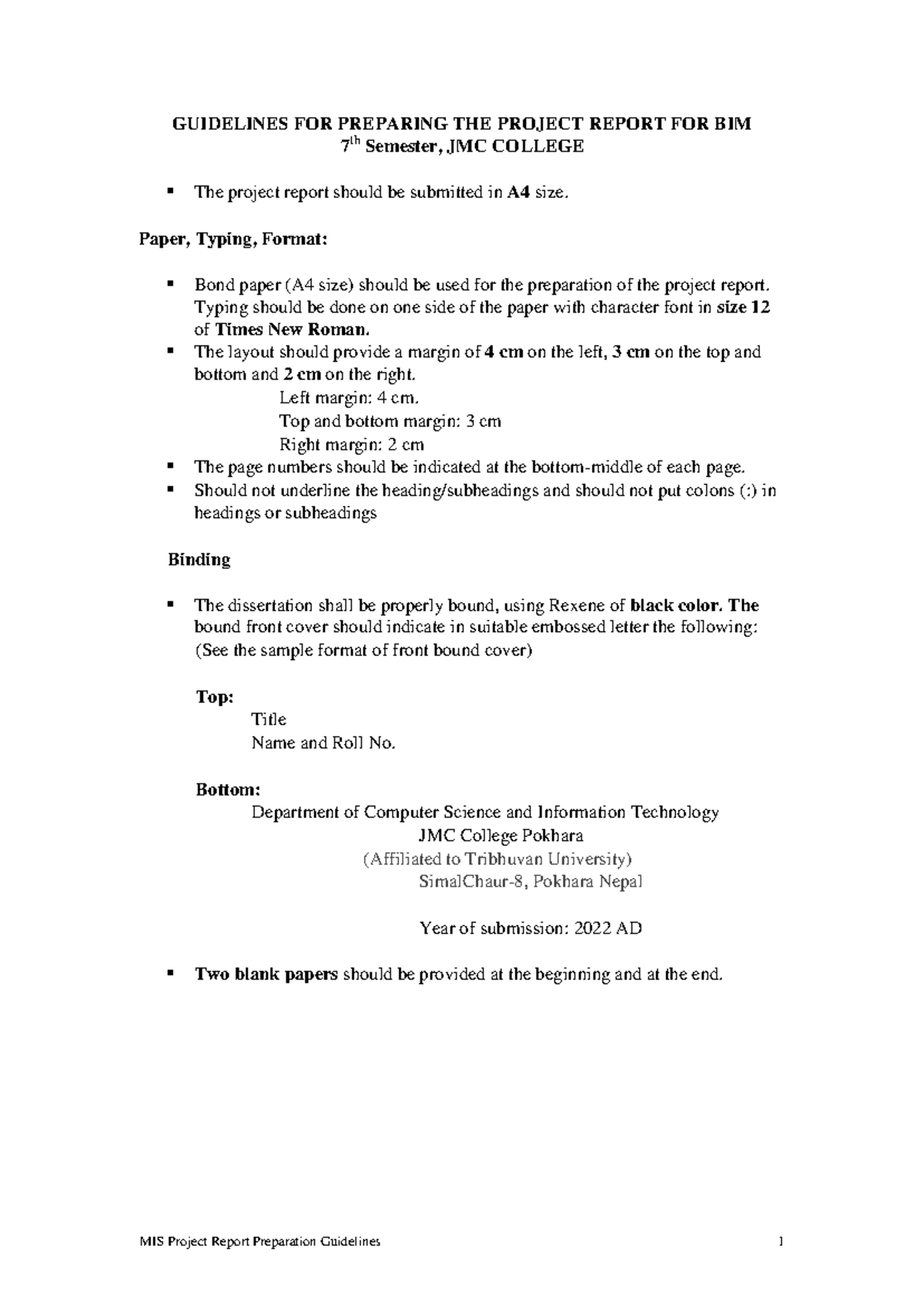 BIM 7th Sem Project Report Guidelines for MIS: Detailed Format - Studocu
