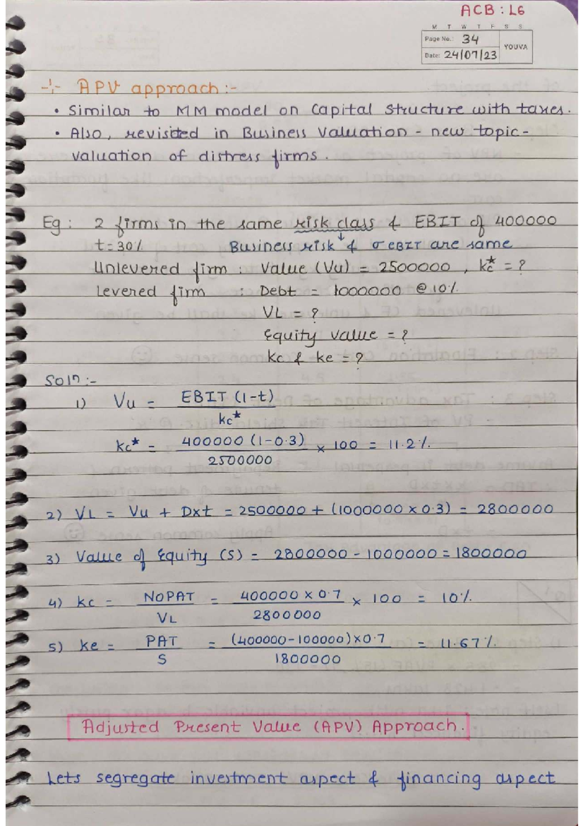 Advanced Capital Budgeting ACB: L6 Lecture Notes on APV and Capital ...