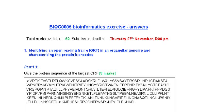 Bioinformatics Exercise Answers (BIO101) - Total Marks: 50 - Studocu
