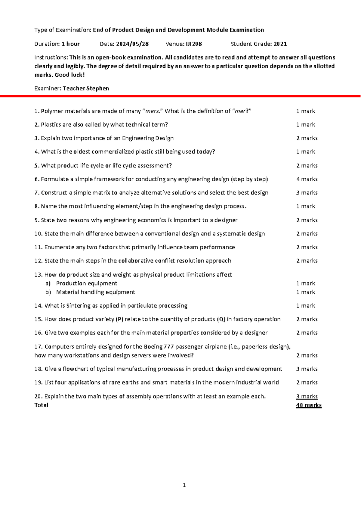 Exams PDD: End of Product Design & Development Module Examination Guide ...