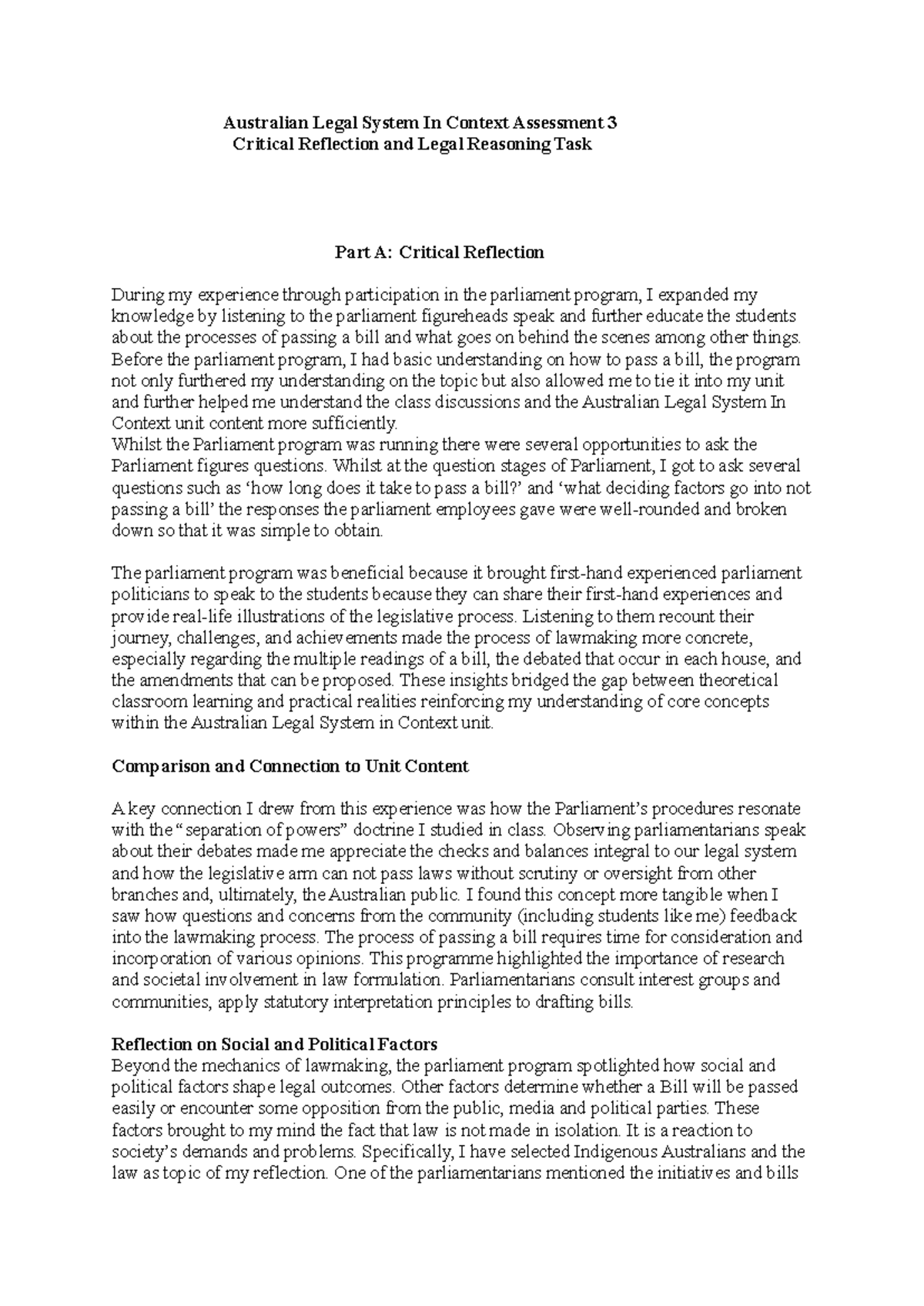 Assessment 3: Critical Reflection on Australian Legal System (LAW101 ...