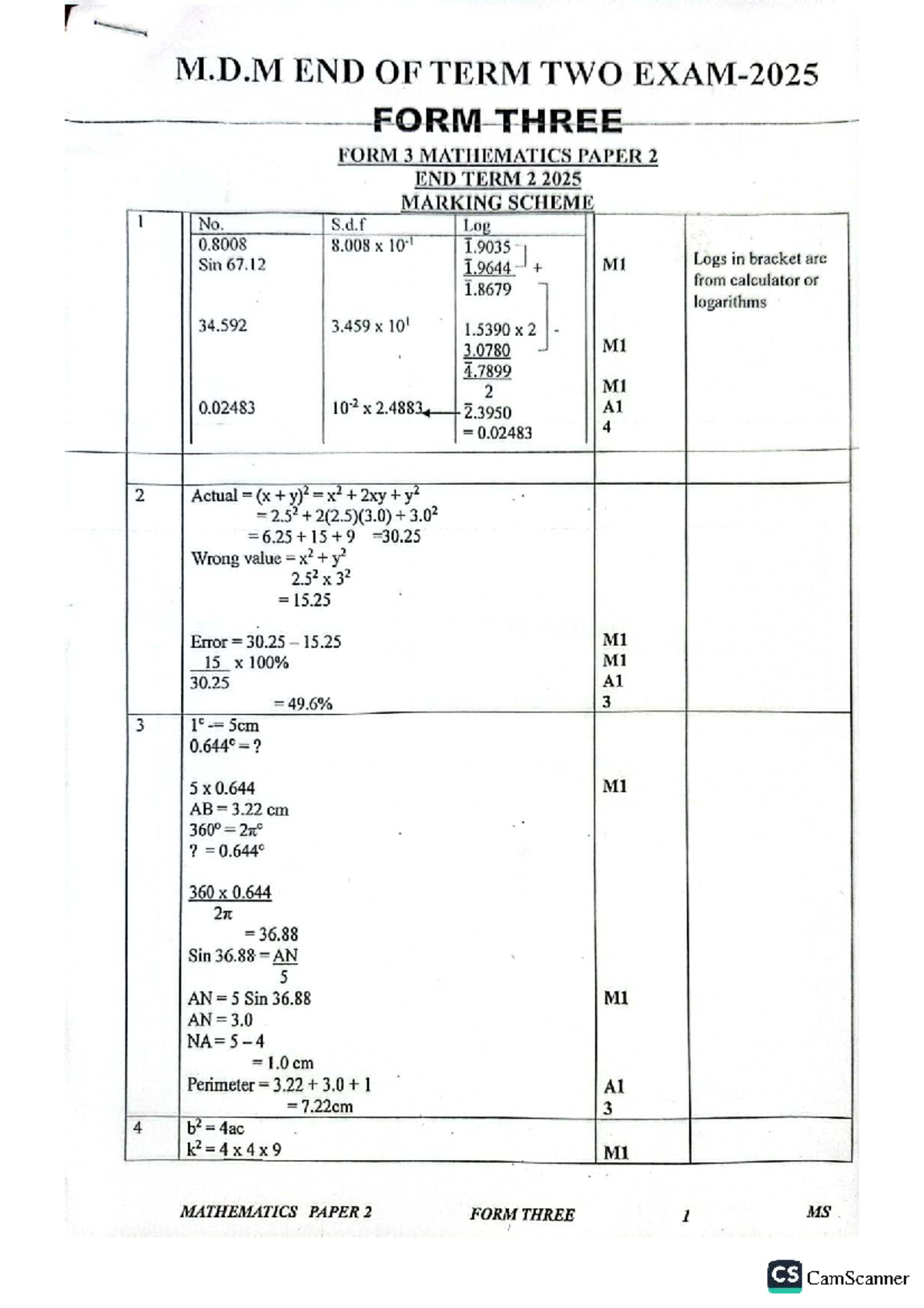 FORM 3 M.D.M MATHEMATICS PAPER 2 END TERM 2 2025 MARKING SCHEME - Studocu