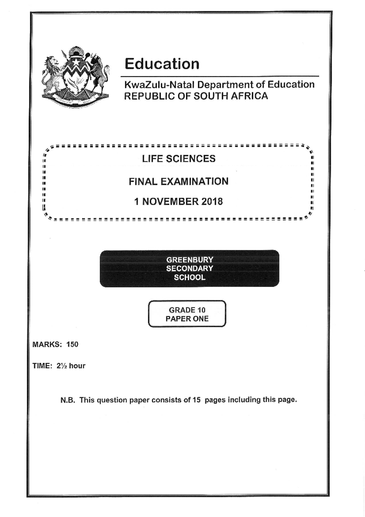 Life Sciences Grade 10 P1 Final Exam - Memorandum November 2018 - Studocu