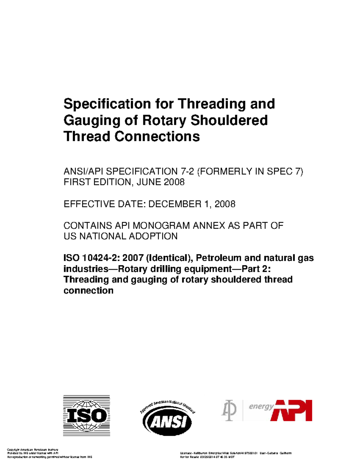 API SPEC 7 2 - Design Standard for BHA Threading and Gauging - Document Preview