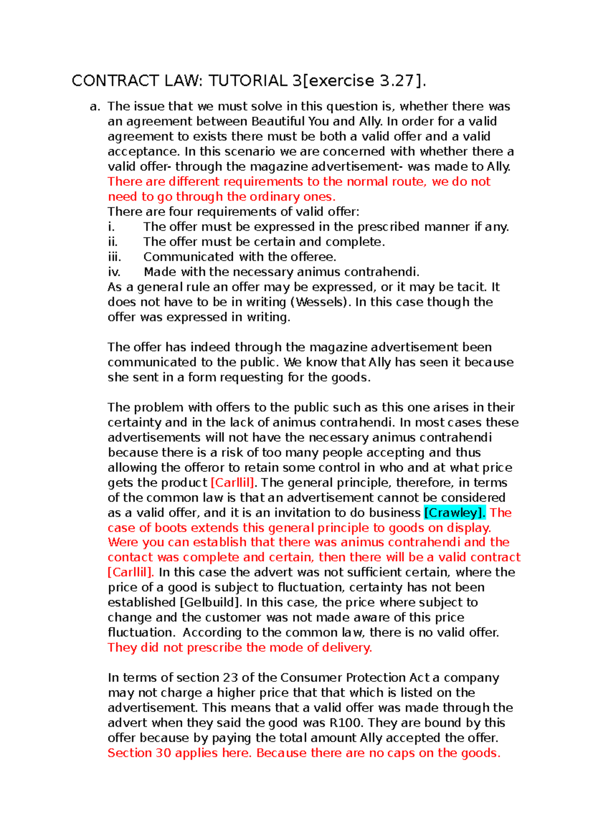 2538236 Contract Law: Tutorial 3 Exercise Analysis - Studocu