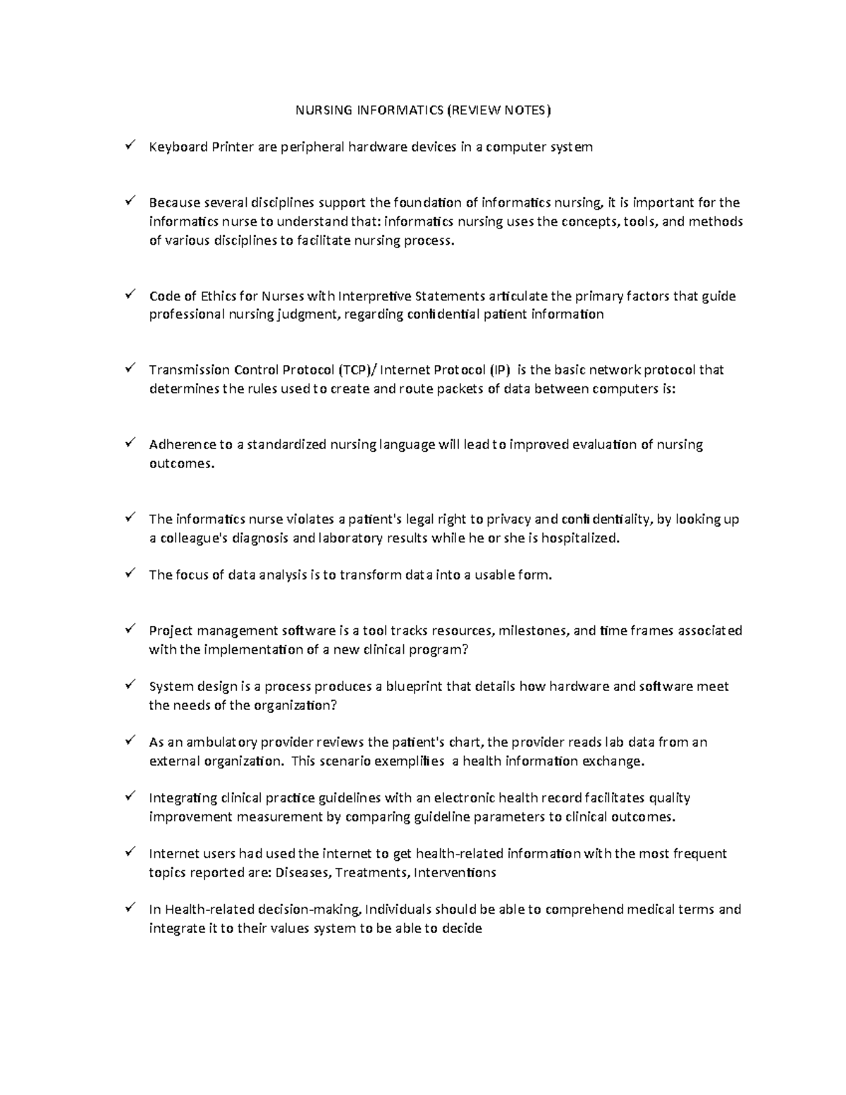 NURSING INFORMATICS (NUR 101) REVIEW NOTES: Key Concepts & Tools - Studocu