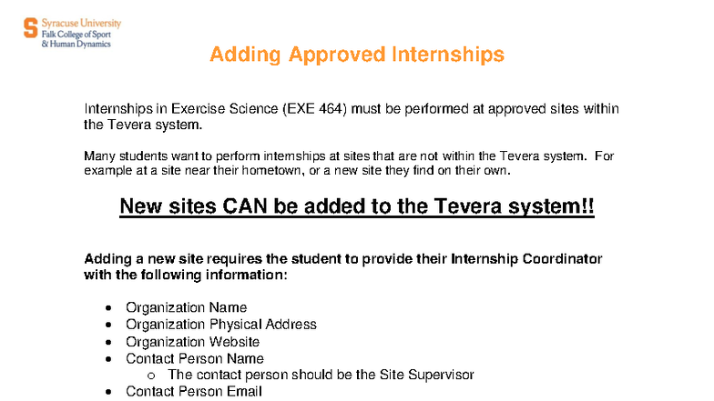 Adding New Tevera Sites for EXE 464 Internships - Studocu
