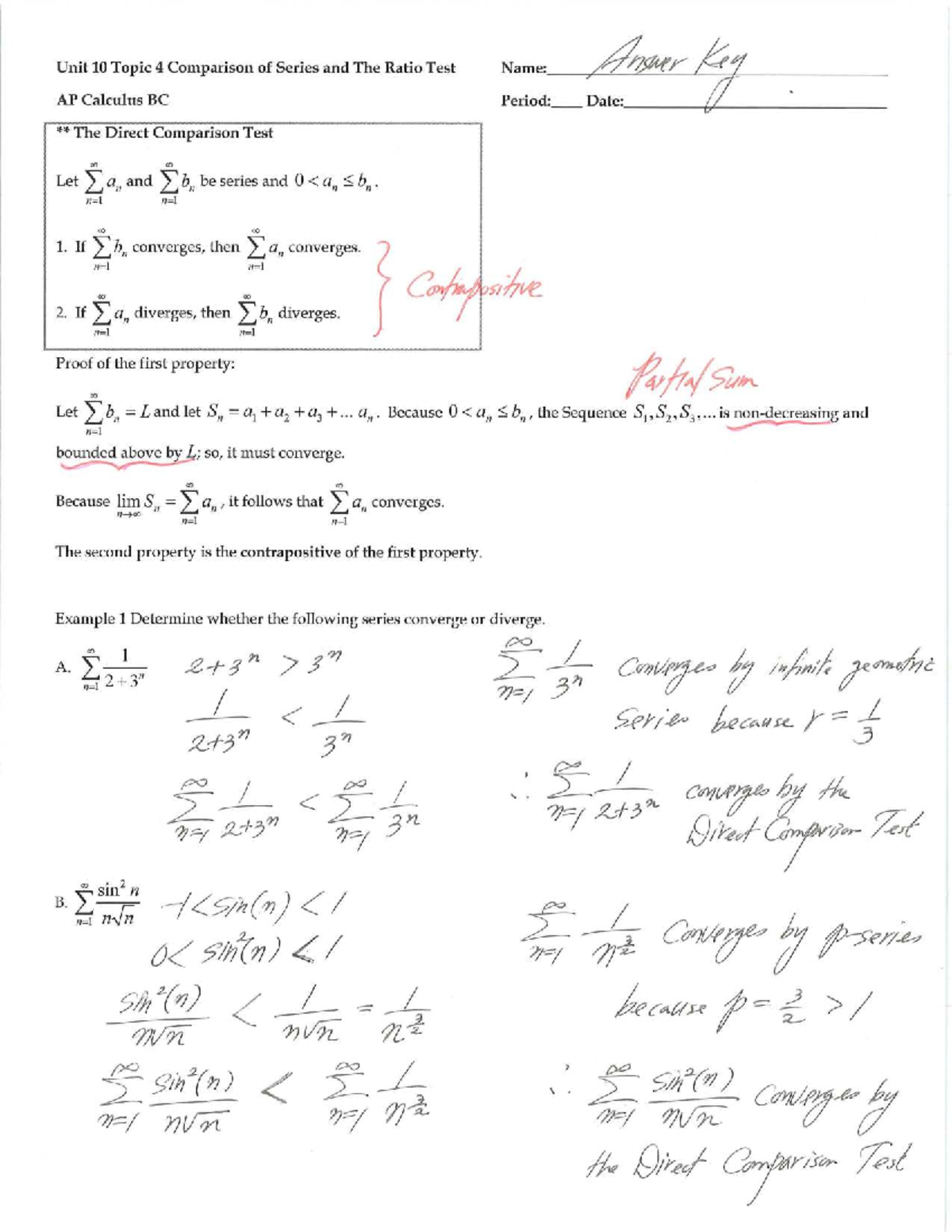 Unit 10 Topic 4: Comparison of Series & Ratio Test - Answer Key - Studocu