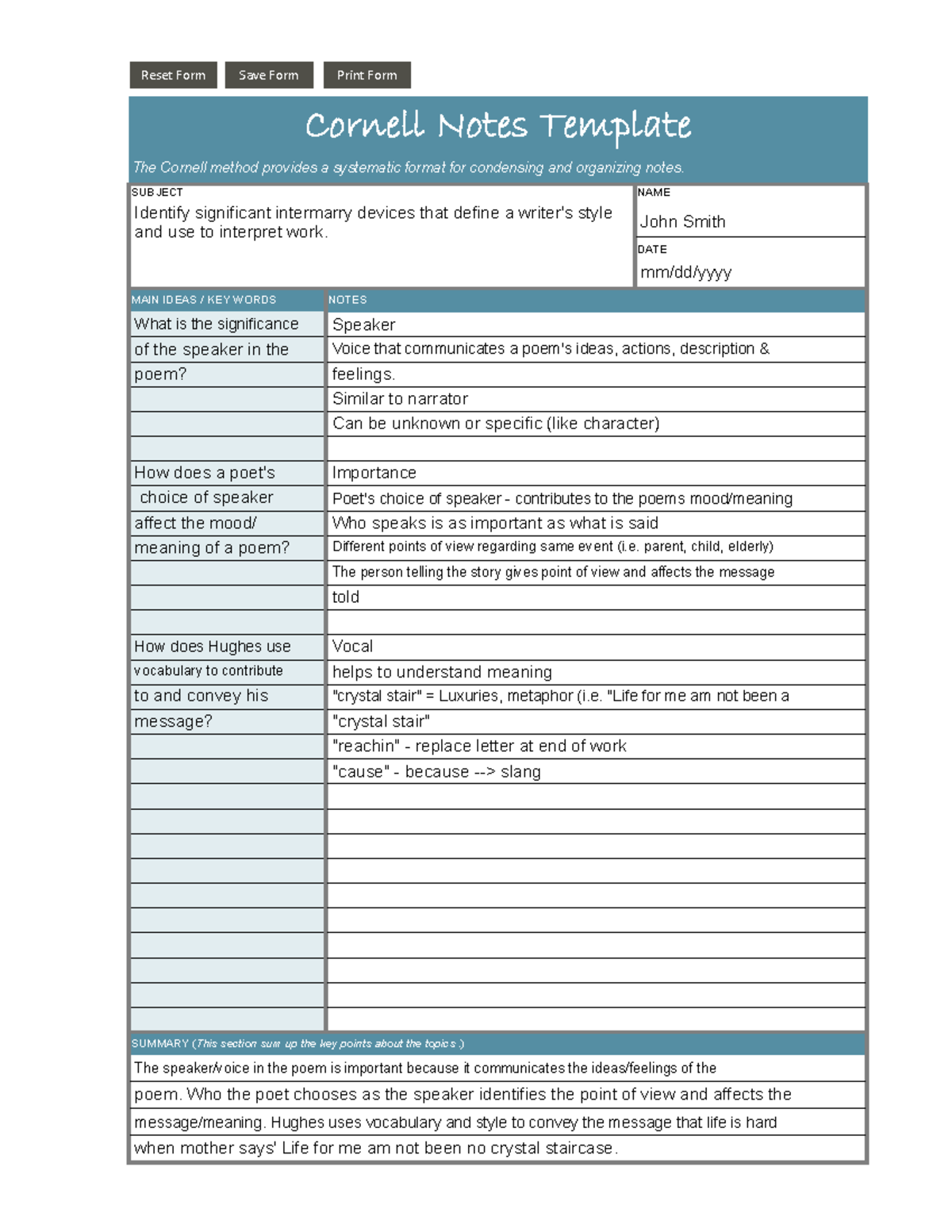 Cornell Notes Template: Analyzing Speaker Significance in Poetry - Studocu