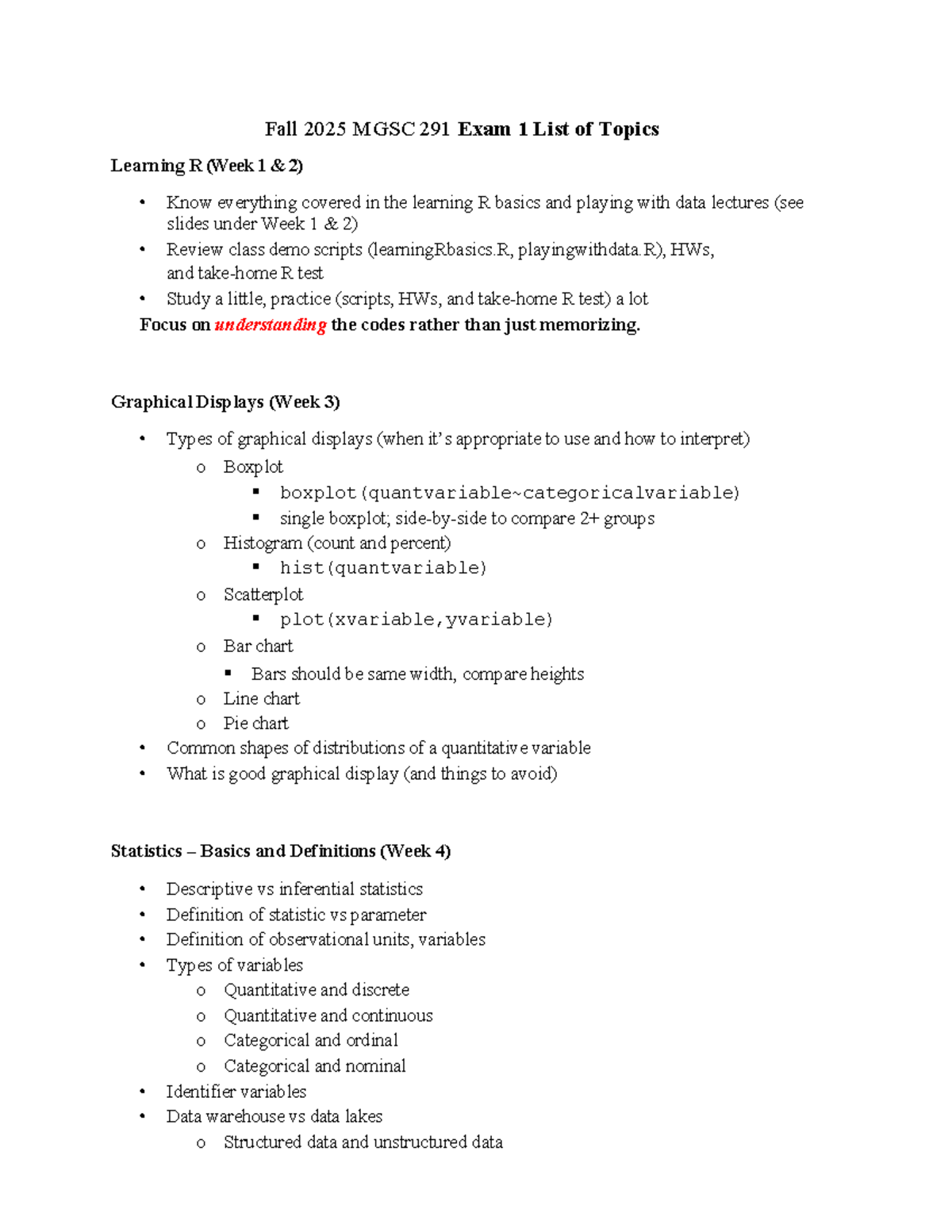 Fall 2025 MGSC 291 Exam 1 Topics: R Basics, Graphs & Stats - Studocu