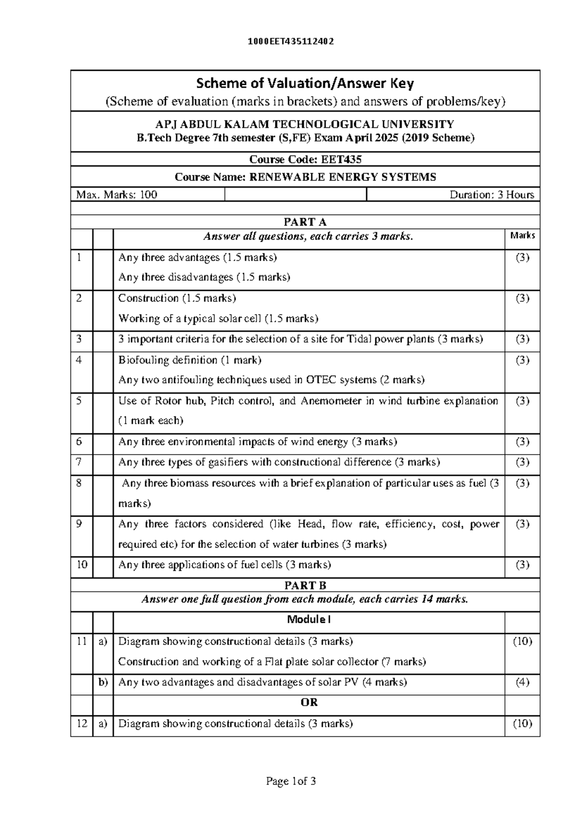 EET435 - Scheme of Evaluation & Answer Key for Renewable Energy Systems ...