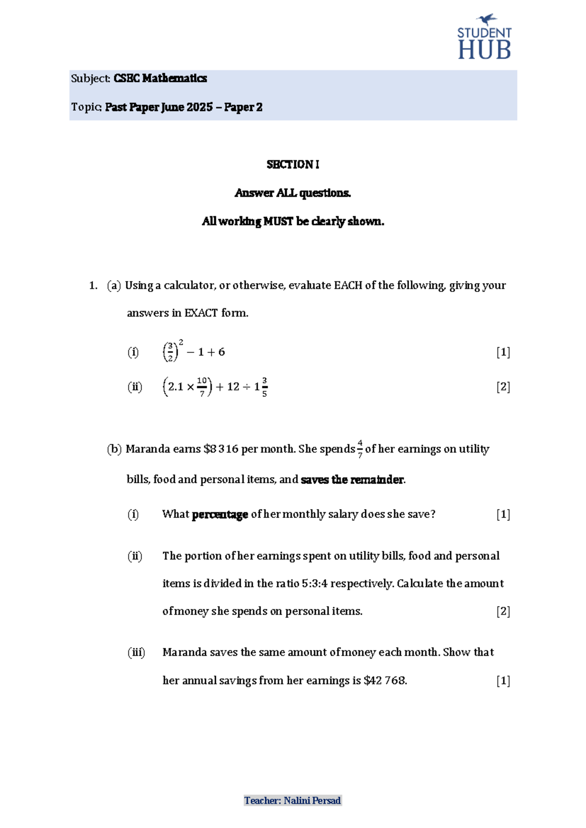 CSEC Mathematics Past Paper 2 - June 2025 Exam - Studocu