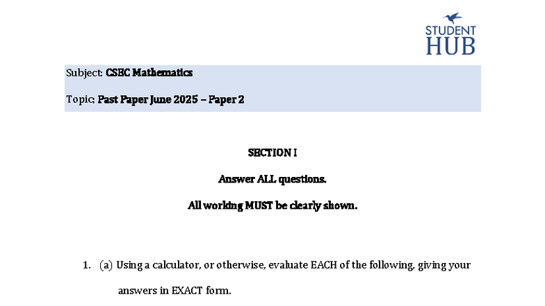 CSEC Mathematics Past Paper 2 - June 2025 Exam - Studocu