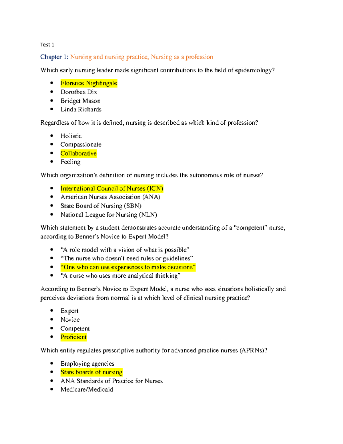 NUR 101 - Test 1 Practice Exam Review on Nursing Foundations - Studocu