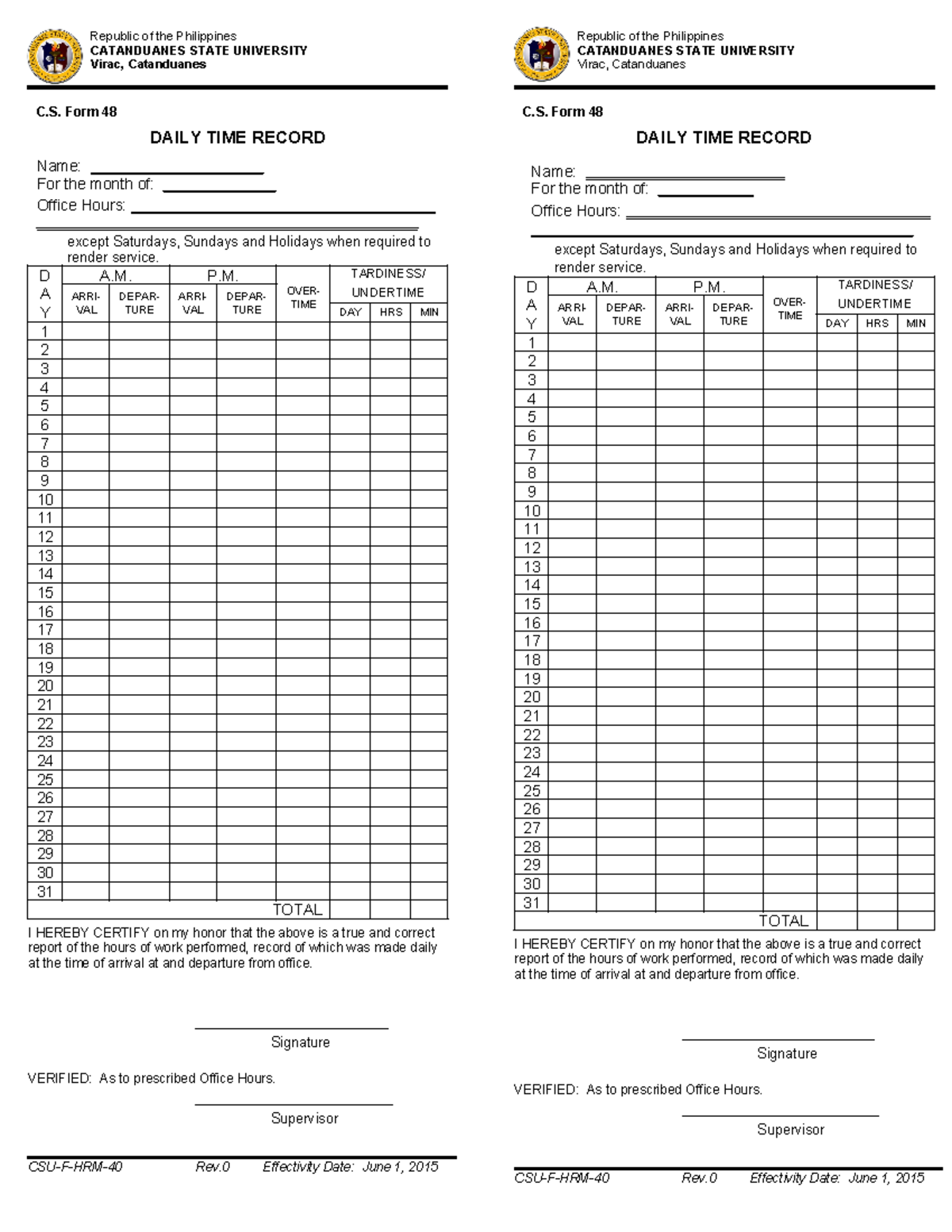 Daily Time Record Form for CSU-F-HRM-40 Employees - Studocu