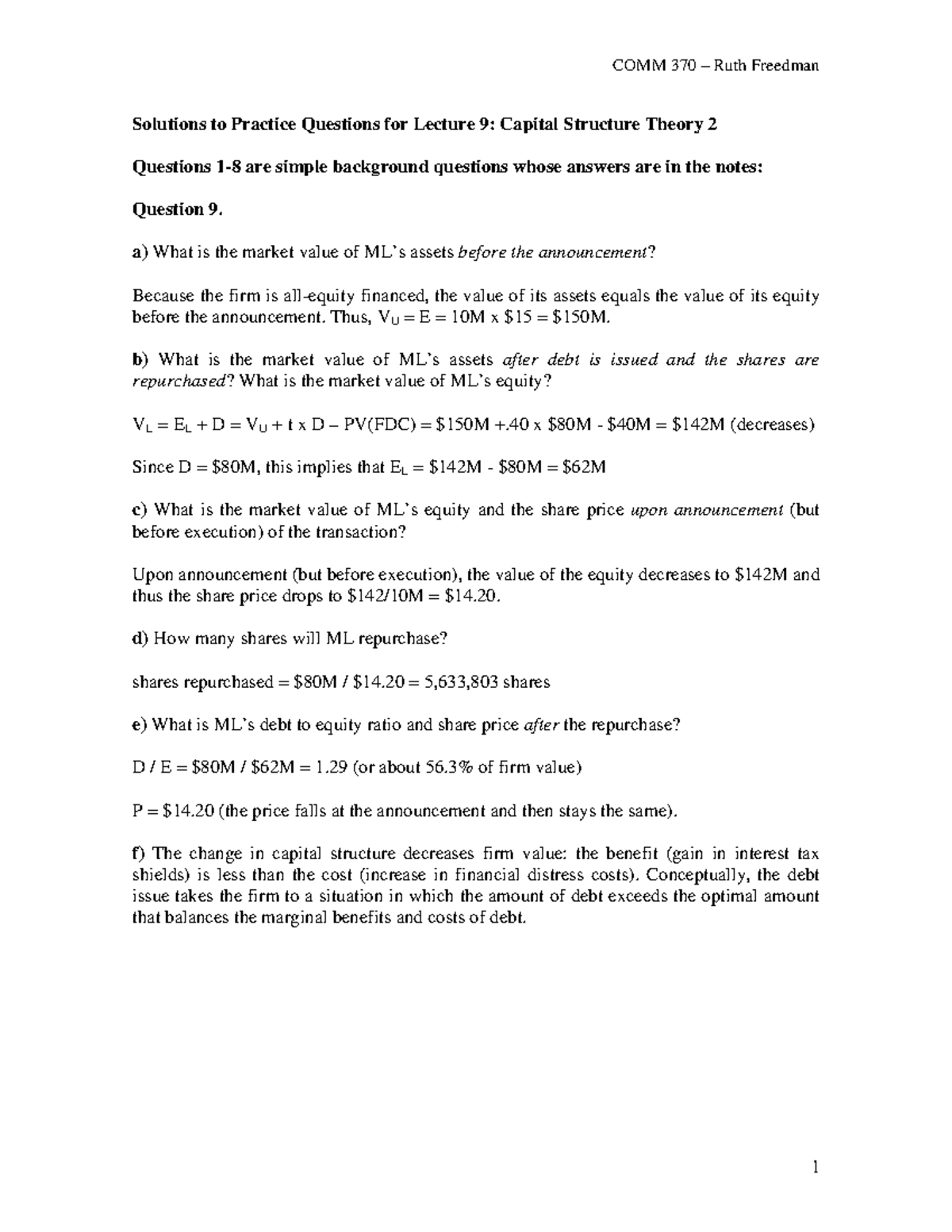 COMM 370 Lecture 9 - Capital Structure Theory Practice Questions ...