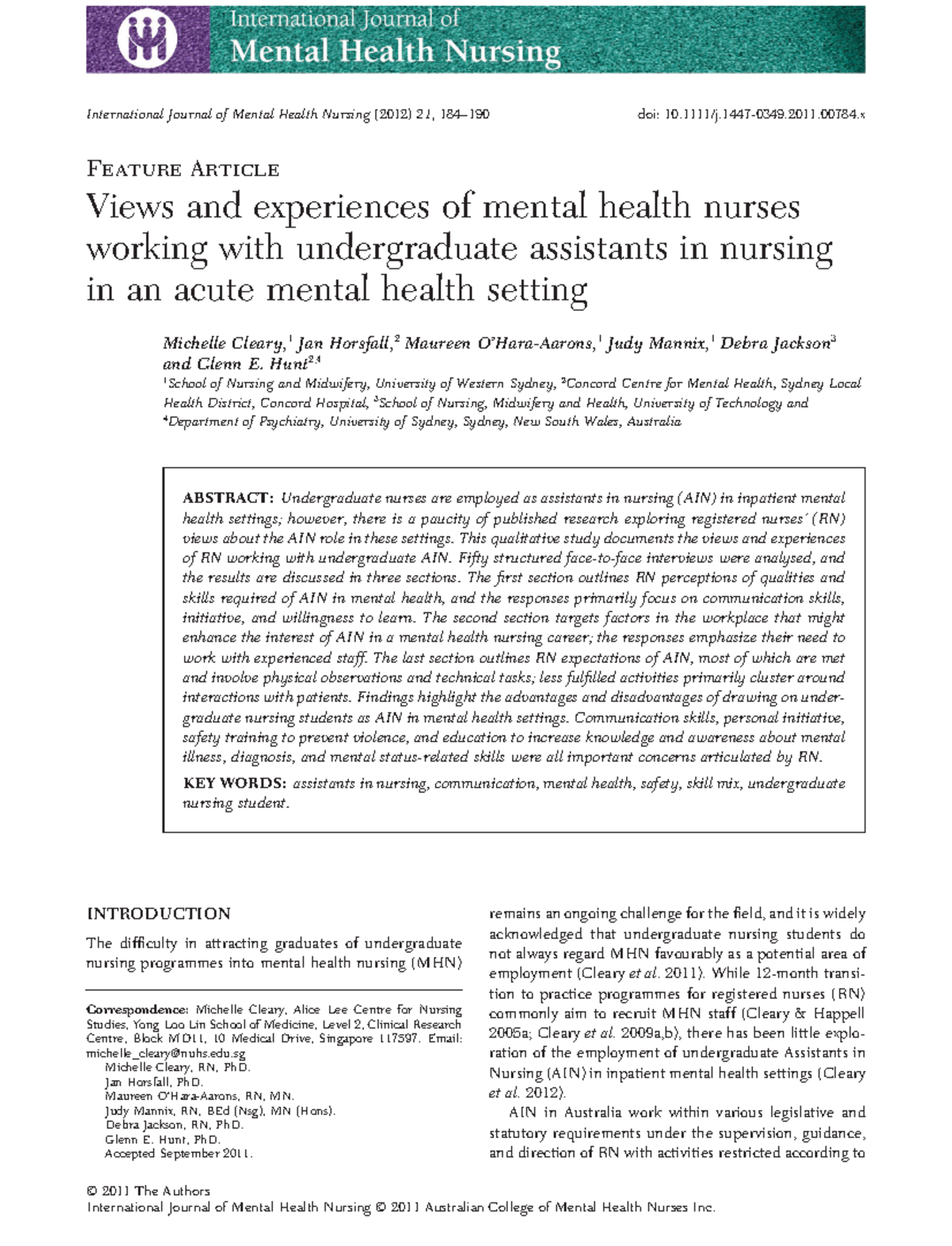Exploring RN Perspectives on AIN Roles in Acute Mental Health Settings ...