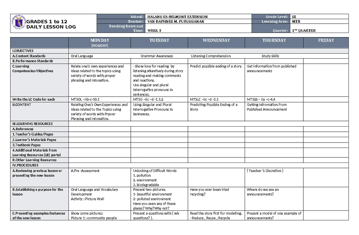 DLL ESP 3 Q2 W3 - Daily Lesson Log for Grade III - Studocu