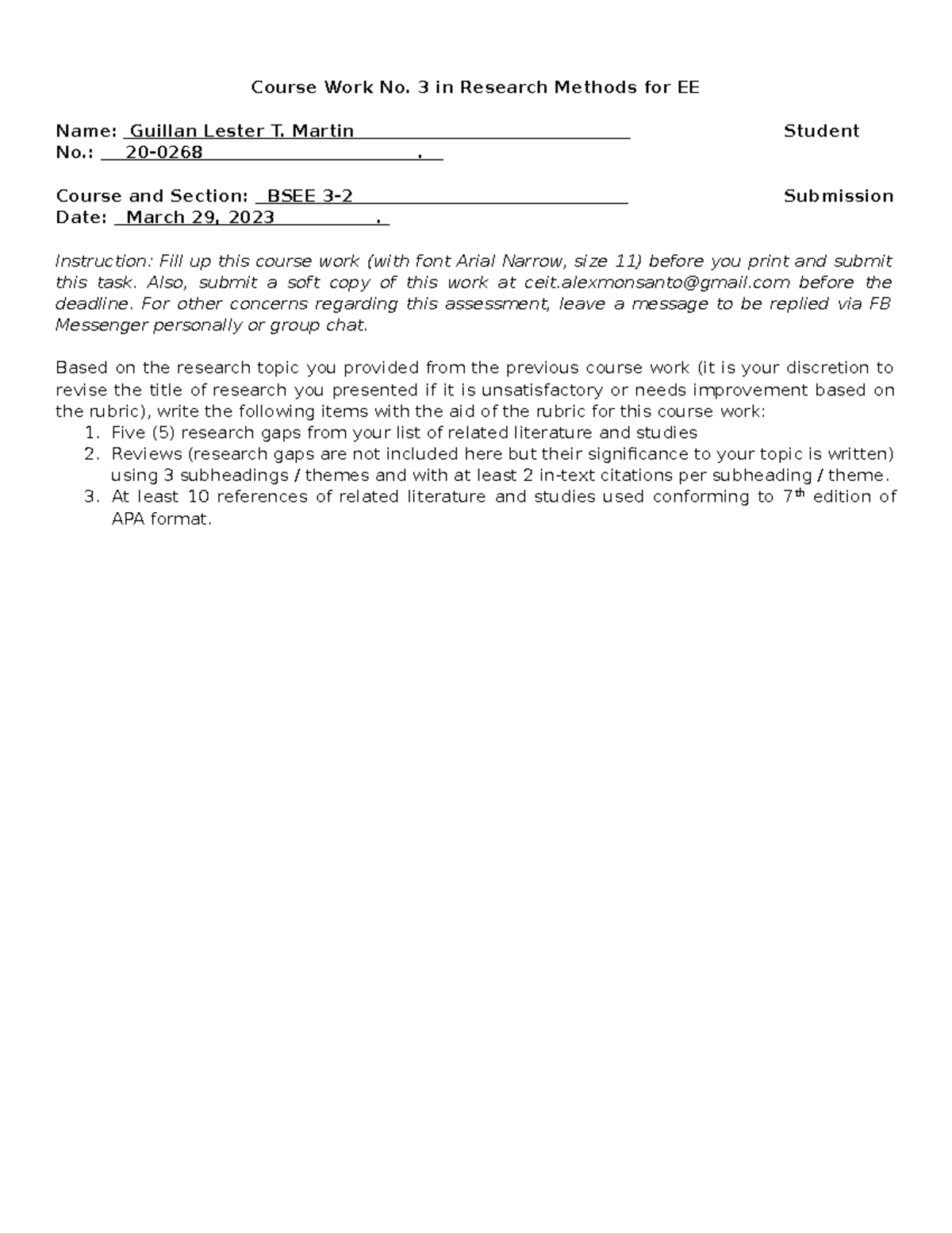 Coursework 3 BSEE3-2 Martin - Course Work No. 3 in Research Methods for ...