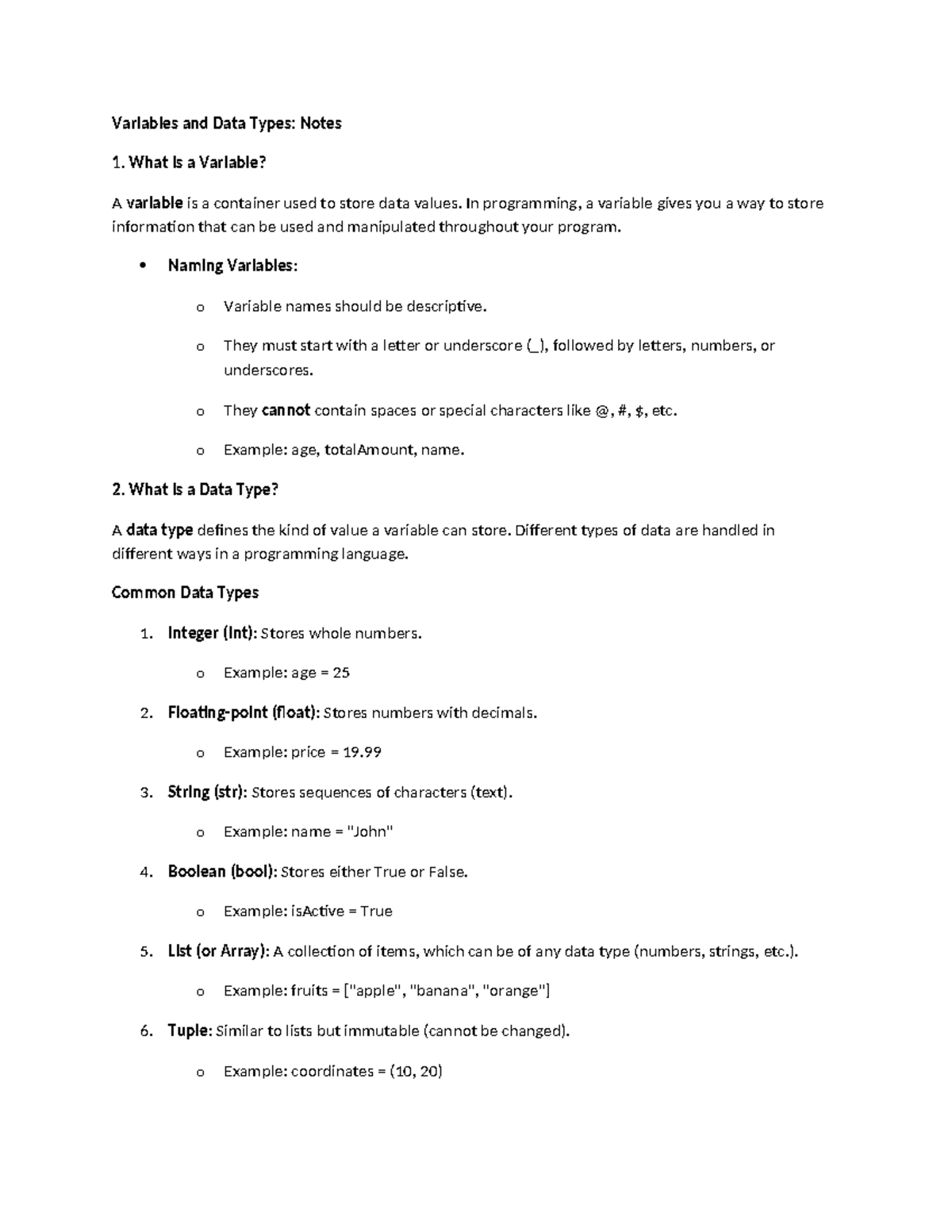 CS101: Variables and Data Types - Comprehensive Notes and Exercises ...
