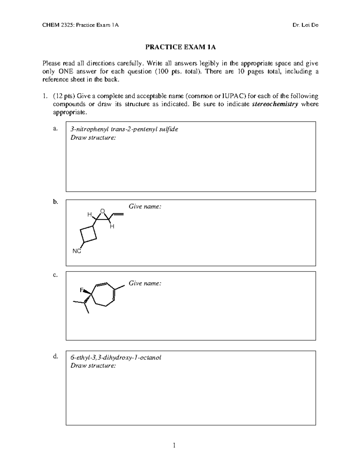 CHEM 2325: Practice Exam 1A - Comprehensive Review Guide - Studocu