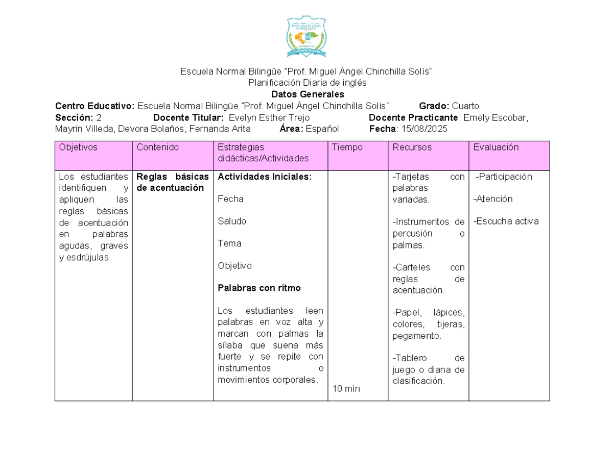 Plan de Clase de Español: Acentuación y Sílabas Tónicas - 4to Grado ...