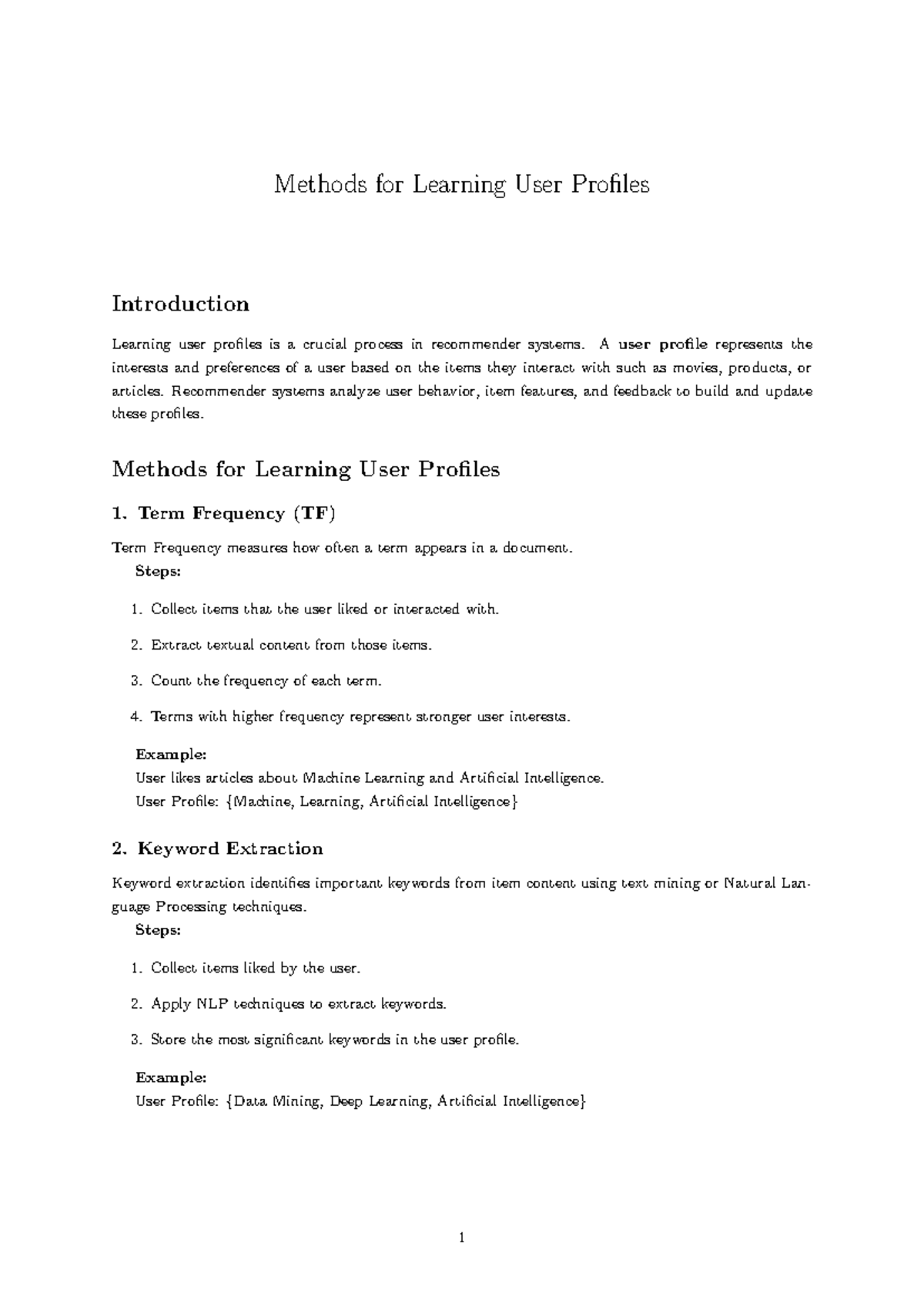 Methods for Learning User Profiles in Recommender Systems - Studocu