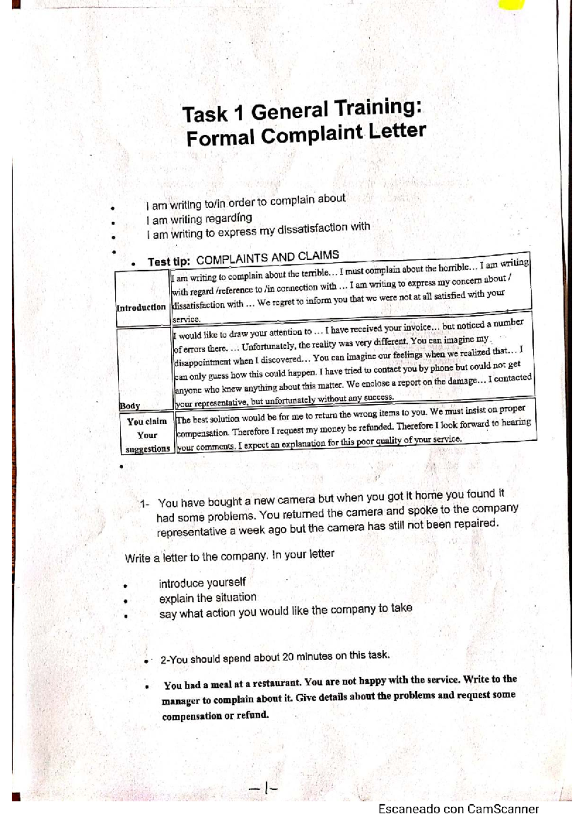 Task 1 General Training: Formal Complaint Letter Guidelines - Studocu