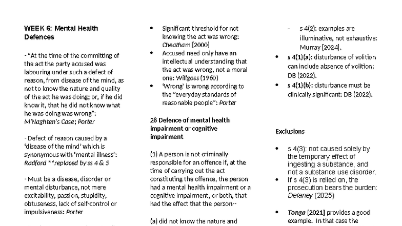 Week 6: Mental Health Defences Overview and Key Concepts - Studocu