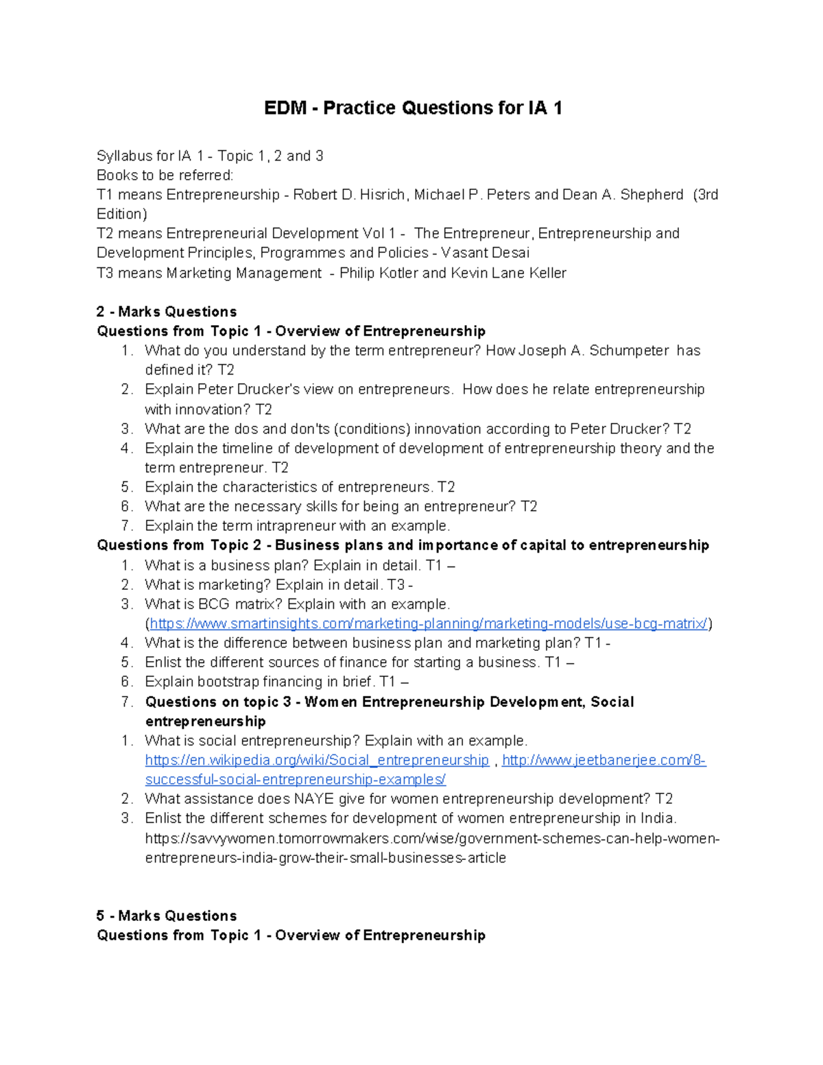 EDM - Practice Questions for IA 1 - Hisrich, Michael P. Peters and Dean ...
